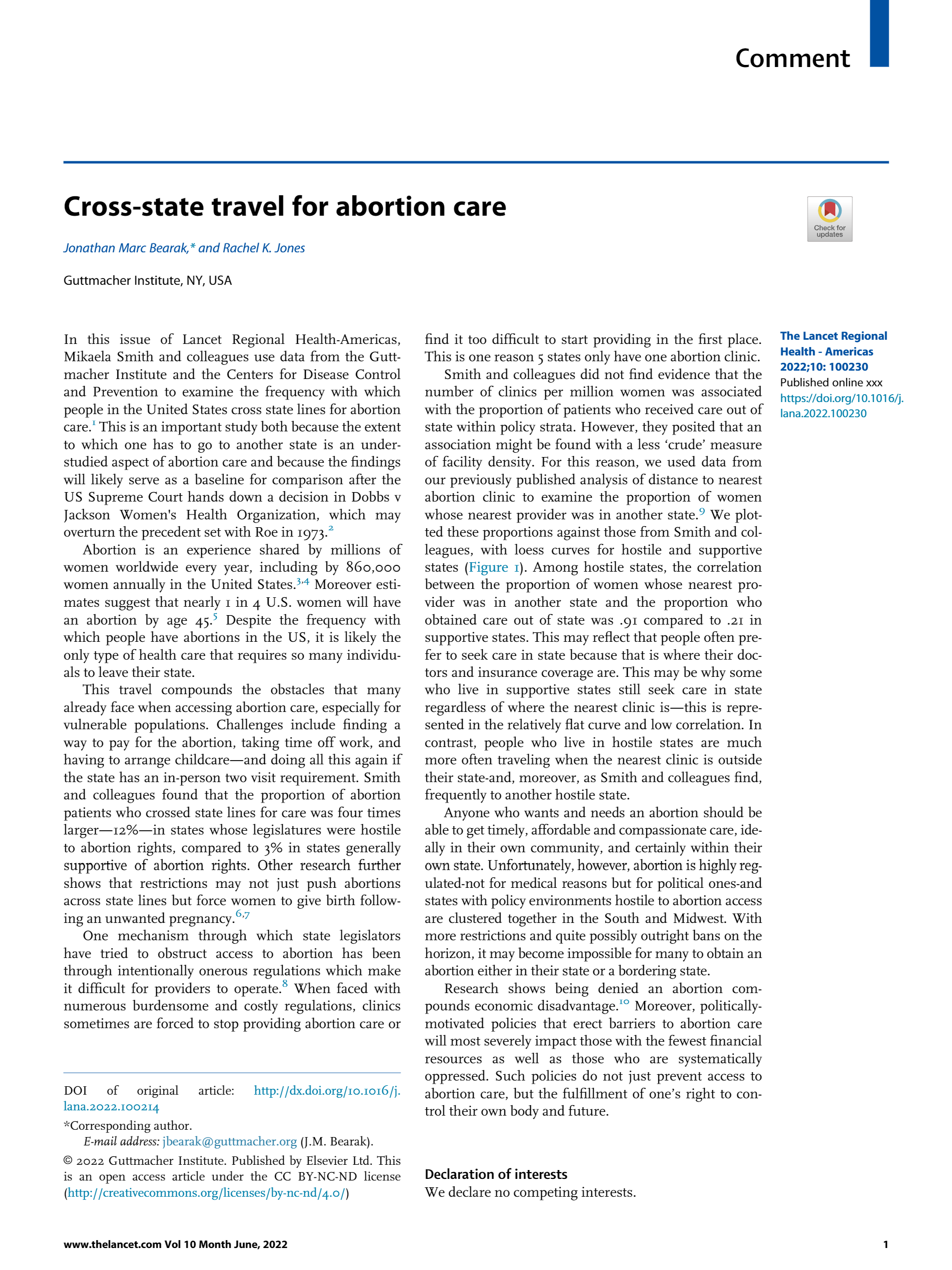 PDF Cover Page: Cross-State Travel For Abortion Care