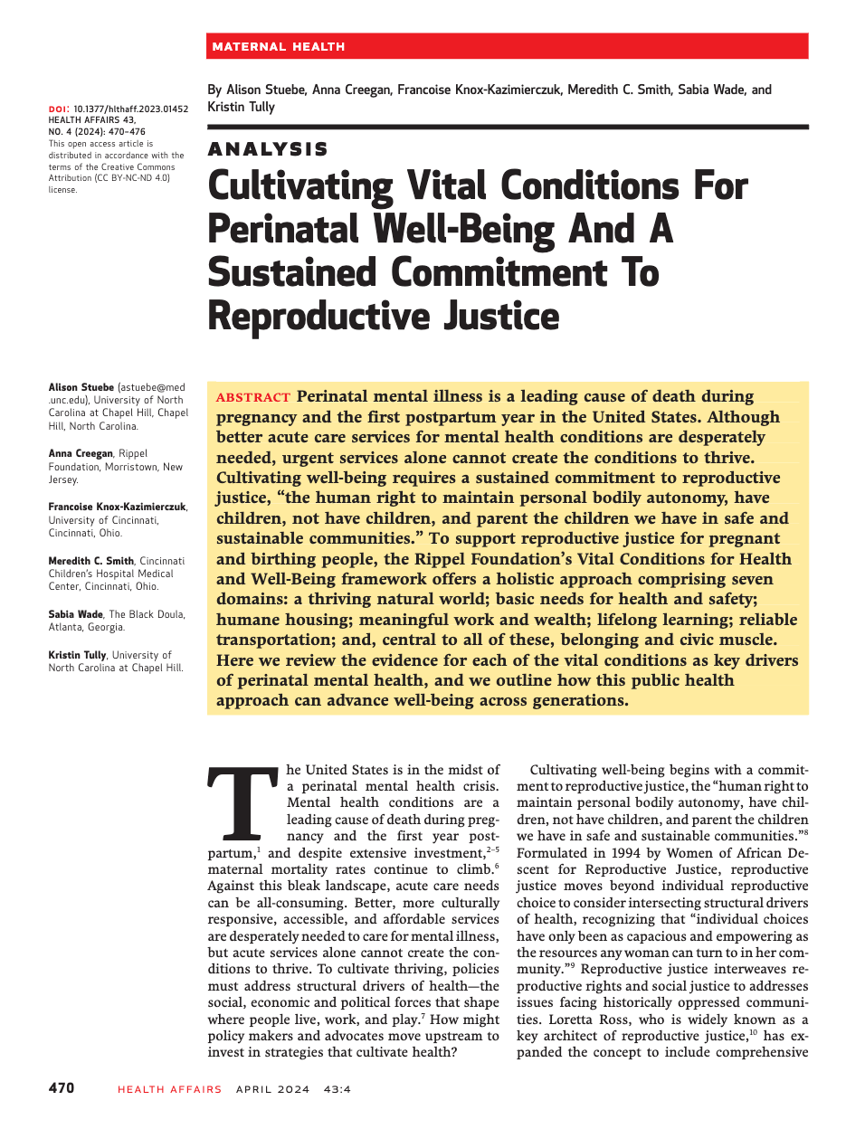 First page of Cultivating Vital Conditions For Perinatal Well-Being And A Sustained Commitment To Reproductive Justice article