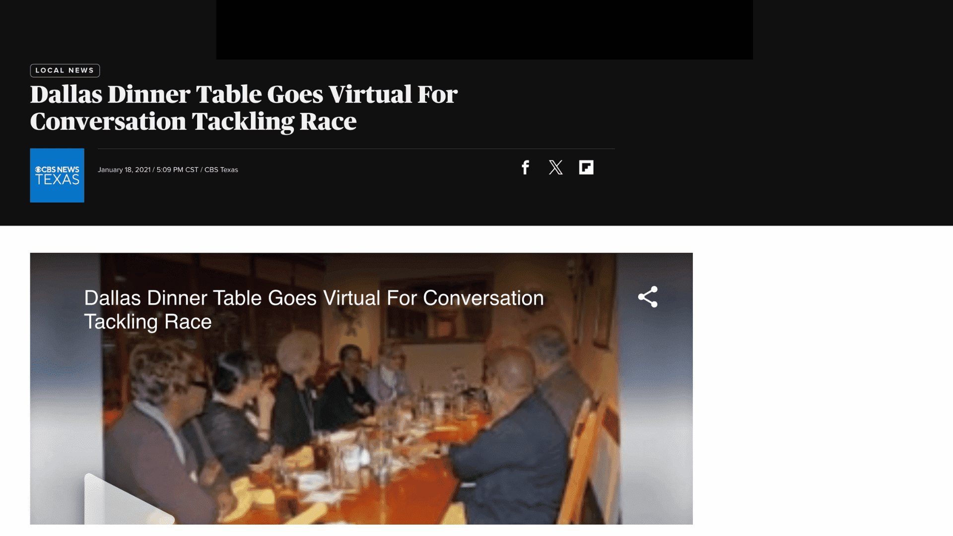 Screen capture of Dallas Dinner Table Goes Virtual For Conversation Tackling Race article