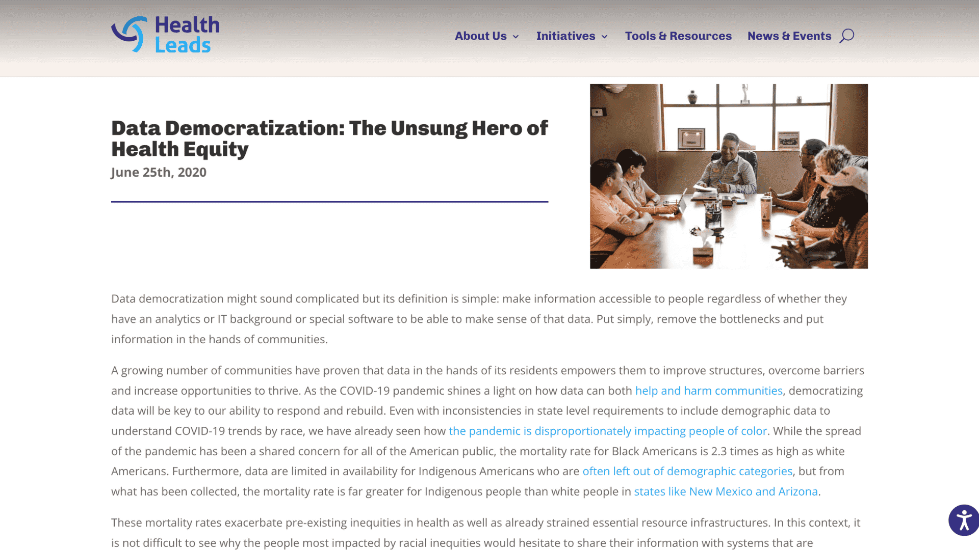 Screen capture of Data Democratization: The Unsung Hero of Health Equity blog