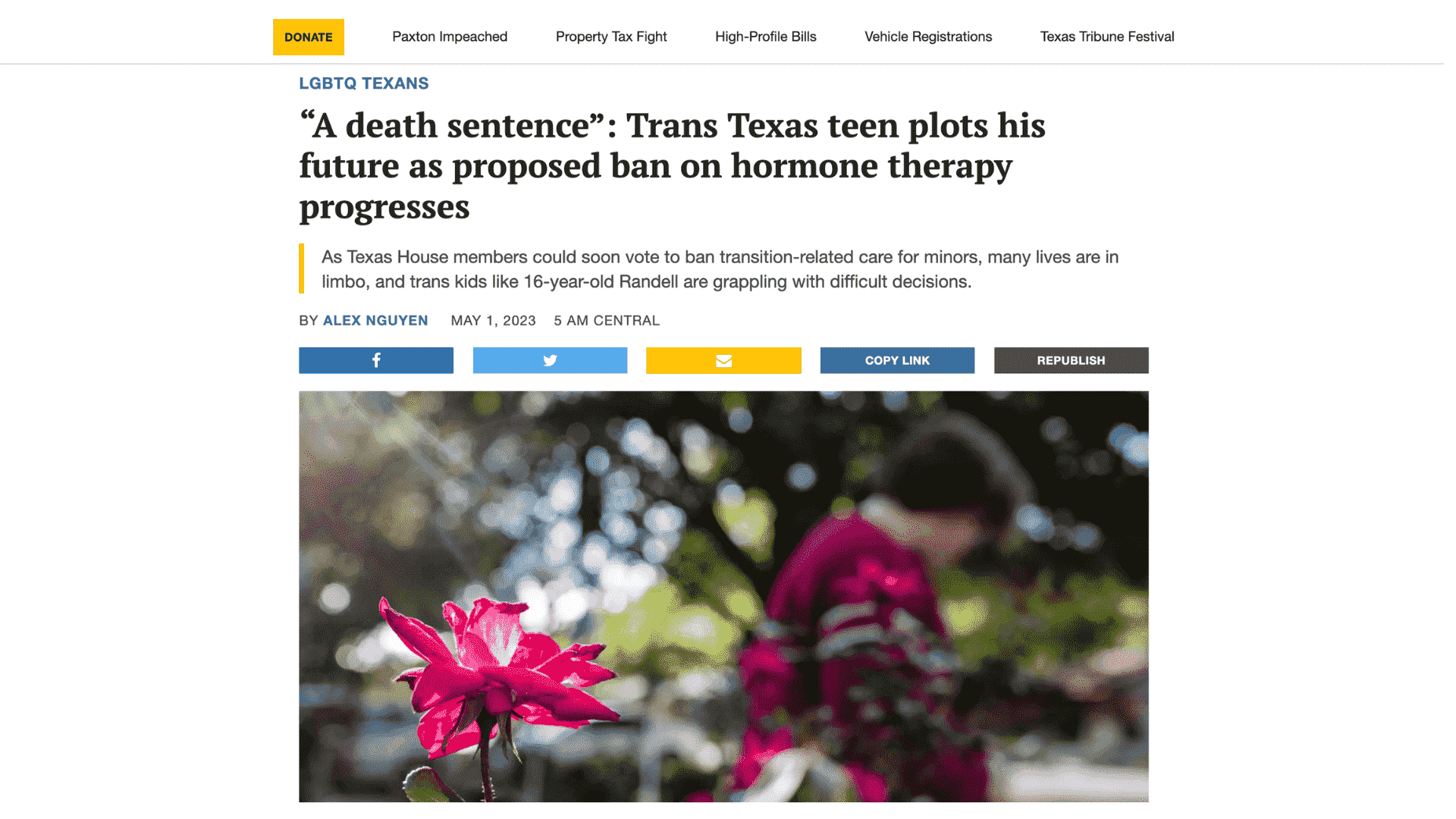 Screen capture of “A Death Sentence”: Trans Texas Teen Plots His Future as Proposed Ban on Hormone Therapy Progresses article