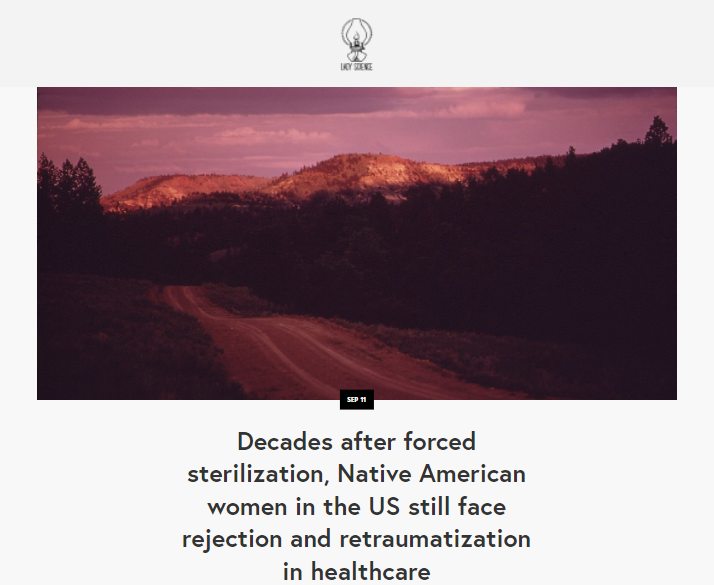 Screen shot of top of written article: Decades After Forced Sterilization, Native American Women in the US Still Face Rejection and Retraumatization in Healthcare