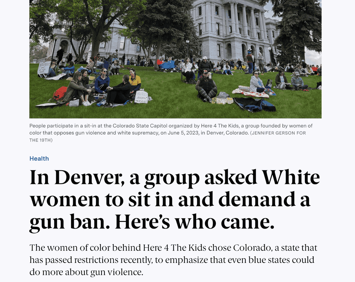 Screen capture of In Denver, a Group Asked White Women to Sit In and Demand a Gun Ban. Here's Who Came. 