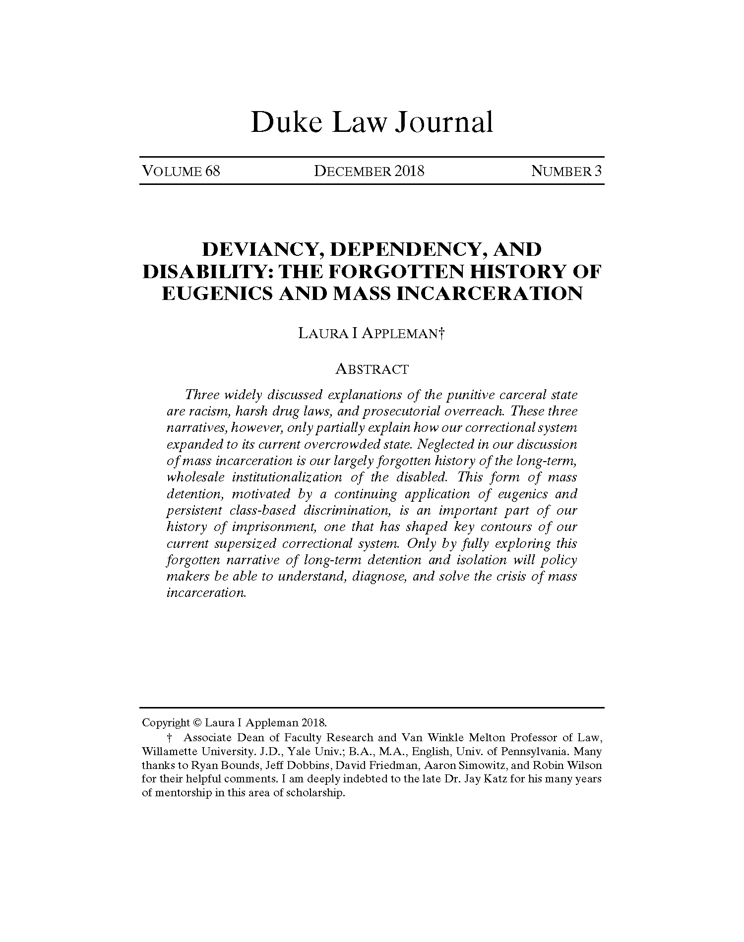 PDF Cover: Deviancy, Dependency, and Disability: The Forgotten History of Eugenics and Mass Incarceration