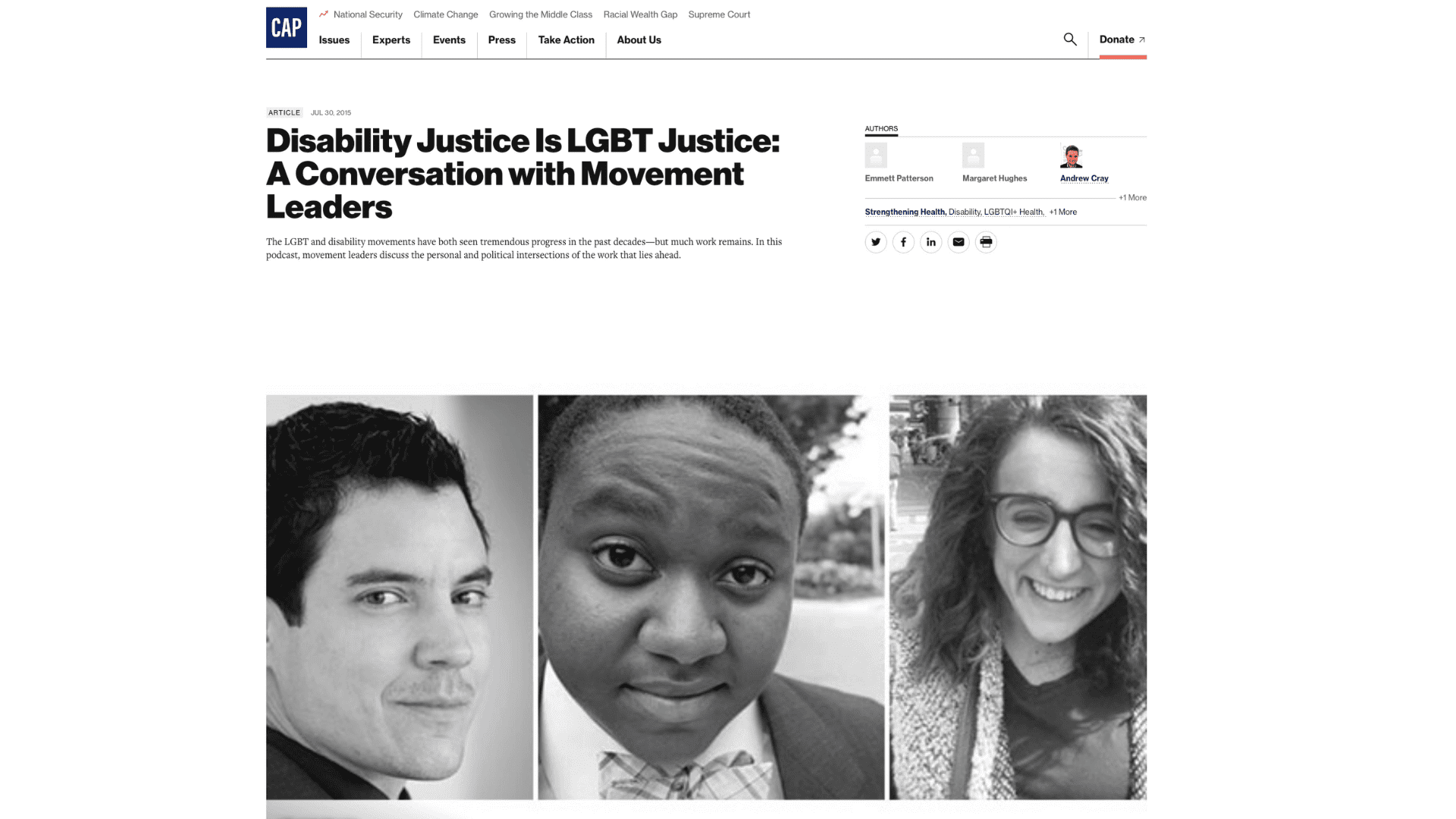 Screen capture of Disability Justice Is LGBT Justice: A Conversation with Movement Leaders article