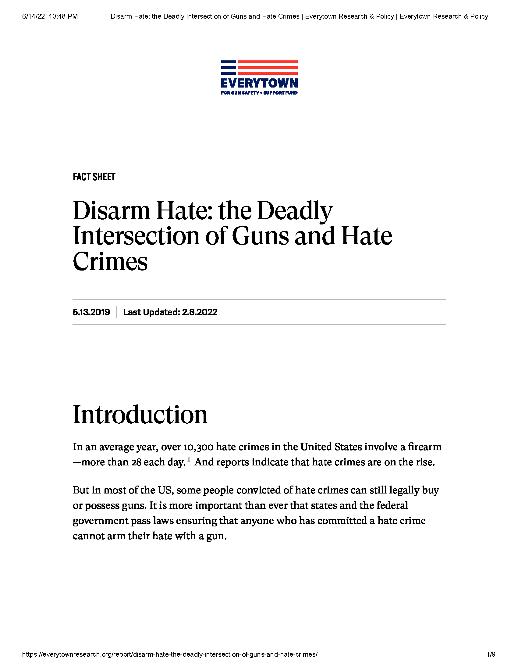 PDF Cover page: Disarm Hate: the Deadly Intersection of Guns and Hate Crimes