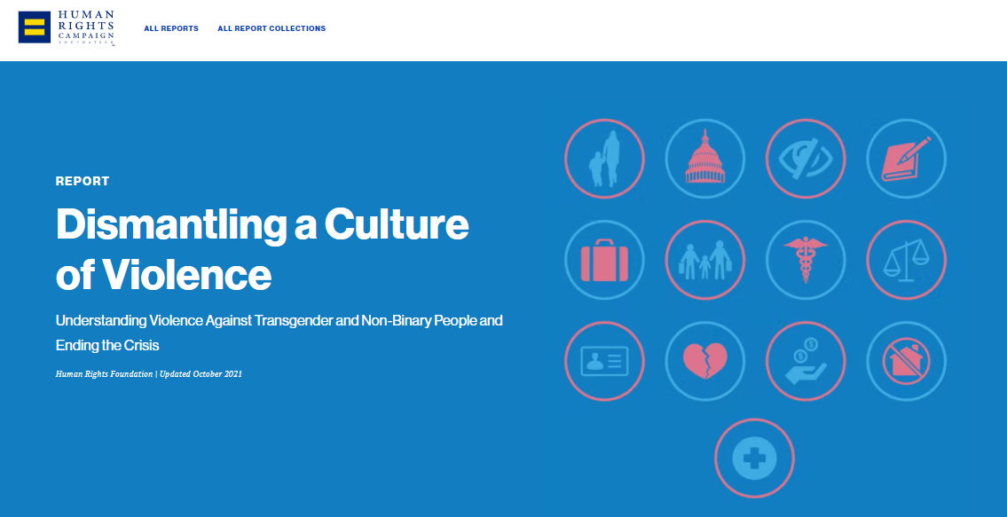 Screenshot of web report cover: Dismantling a Culture of Violence: Understanding Violence Against Transgender and Non-Binary People and Ending the Crisis
