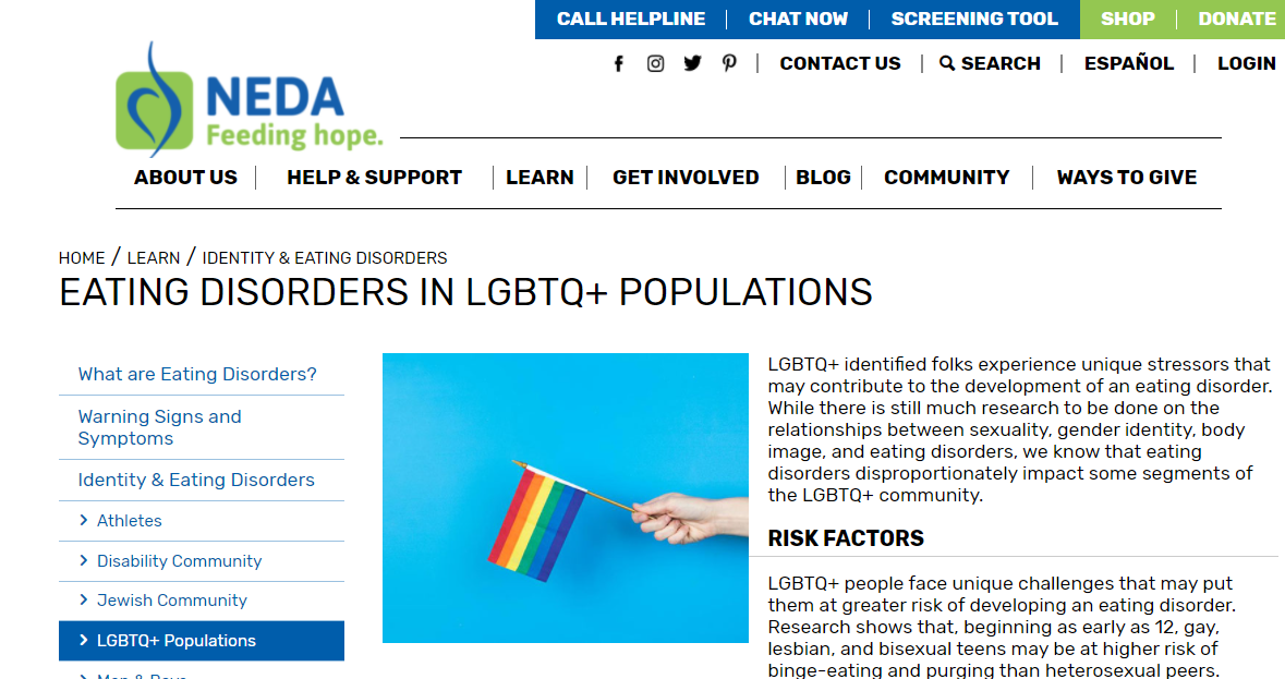 Screen capture of top of web article: Eating Disorders in LGBTQ Populations