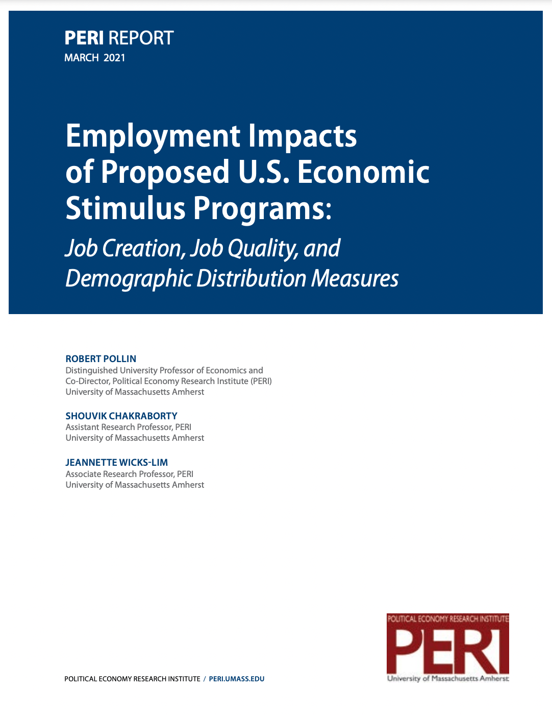 Cover page of Employment Impacts of Proposed U.S. Economic Stimulus Programs: Job Creation, Job Quality, and Demographic Distribution Measures