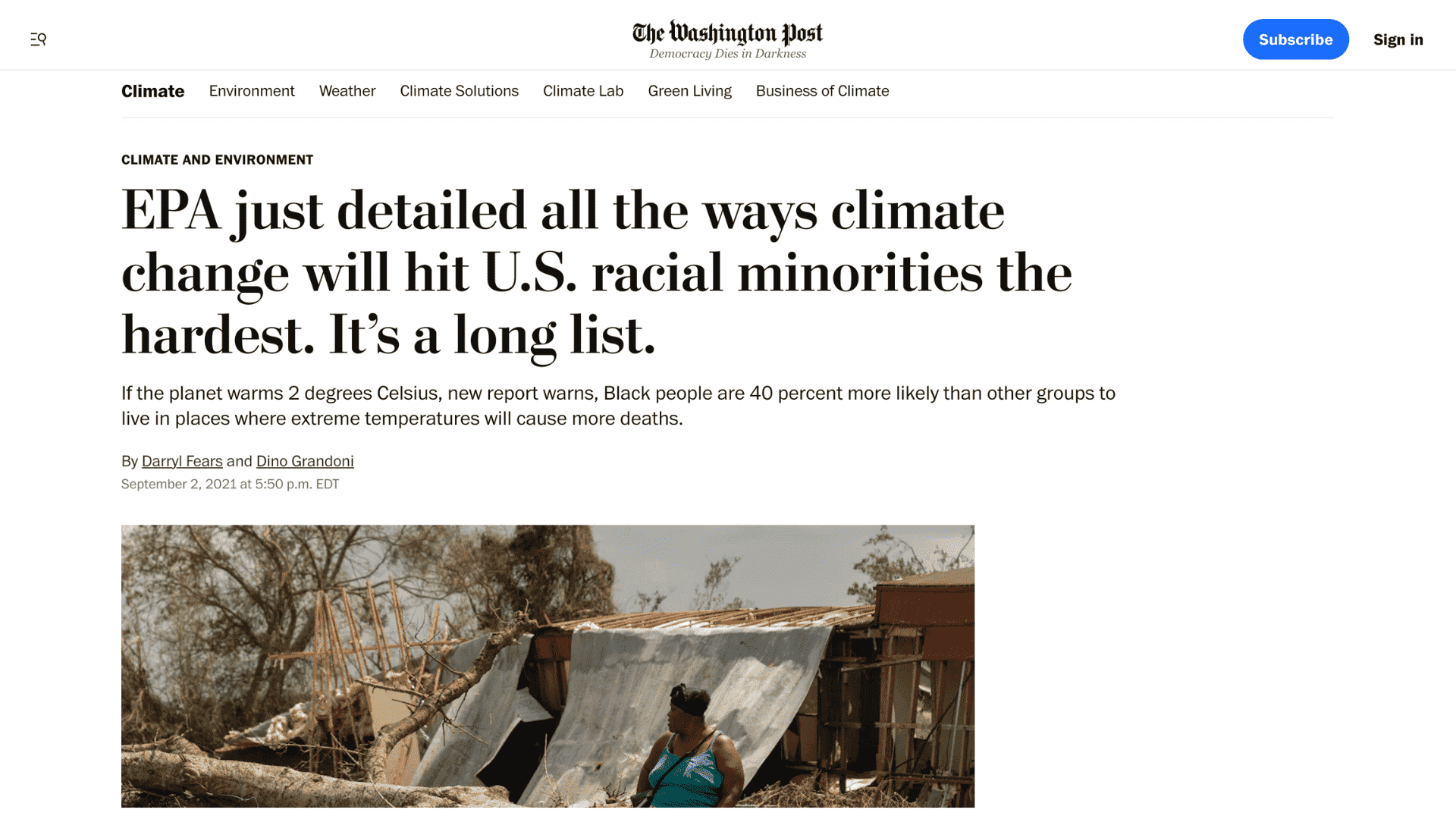 Screen capture of EPA Just Detailed All the Ways Climate Change Will Hit U.S. Racial Minorities the Hardest. It’s a Long List. article