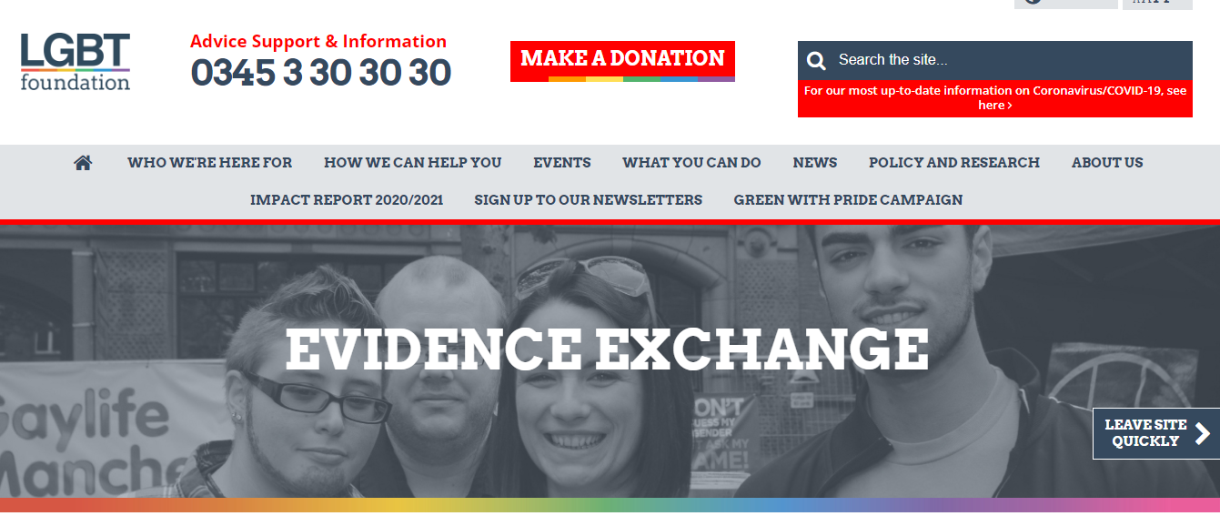 Screenshot of website cover: LGBT Foundation: Evidence Exchange