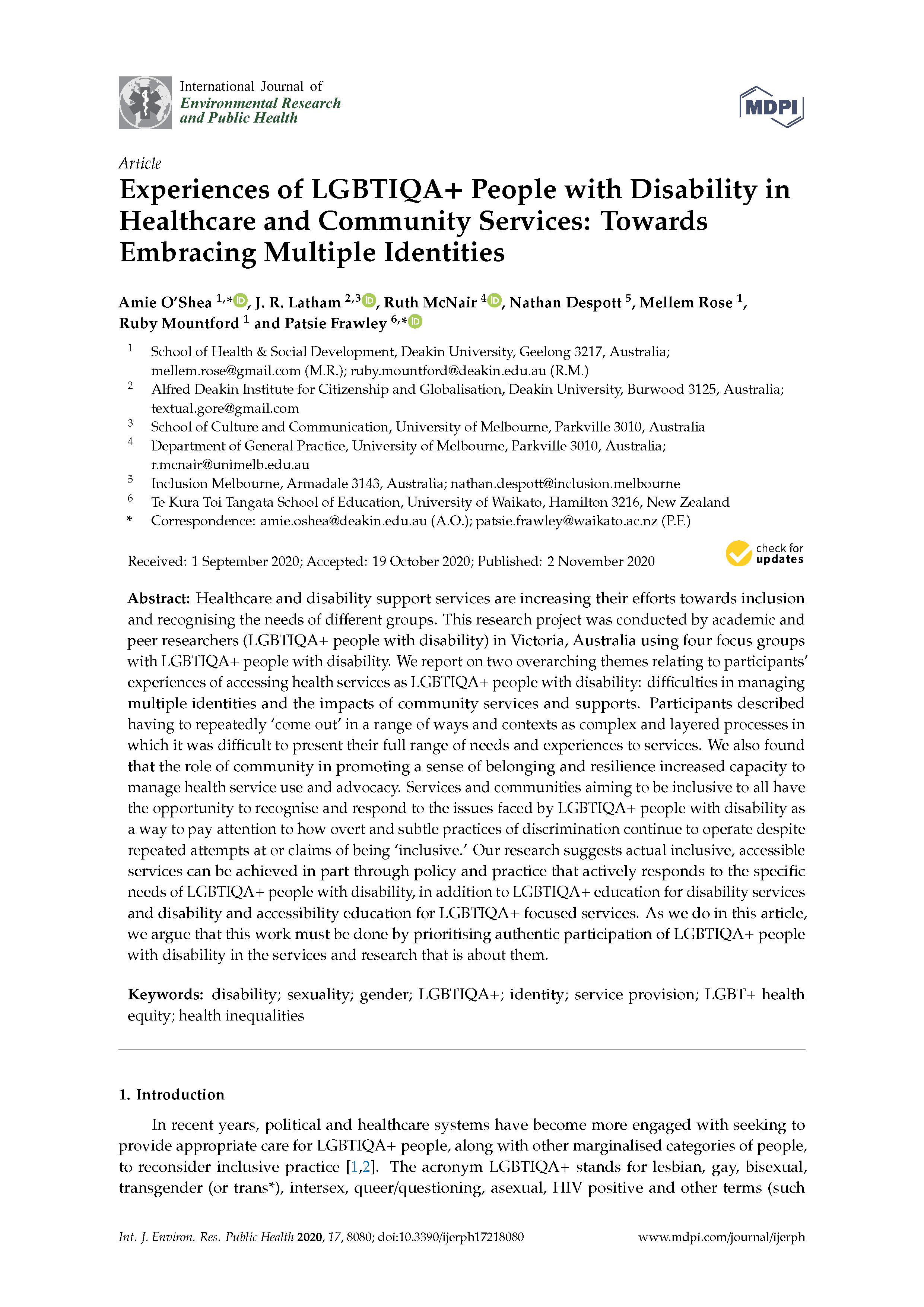 PDF Cover: Experiences of LGBTIQA+ People with Disability in Healthcare and Community Services: Towards Embracing Multiple Identities