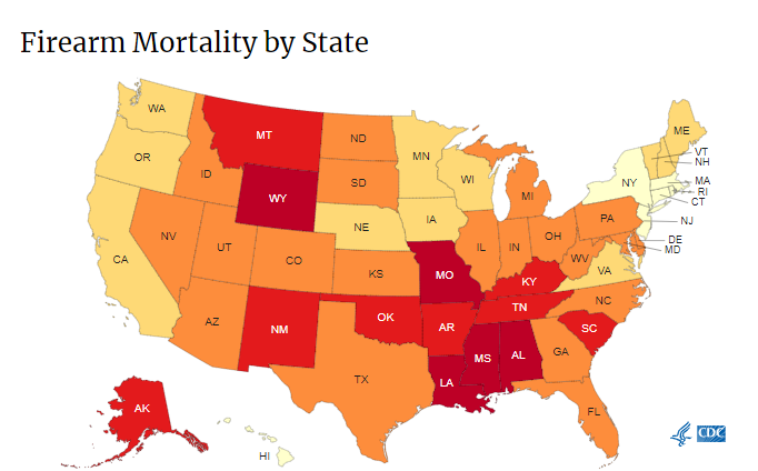Screen shot of firearm mortality map: Firearm Mortality By State