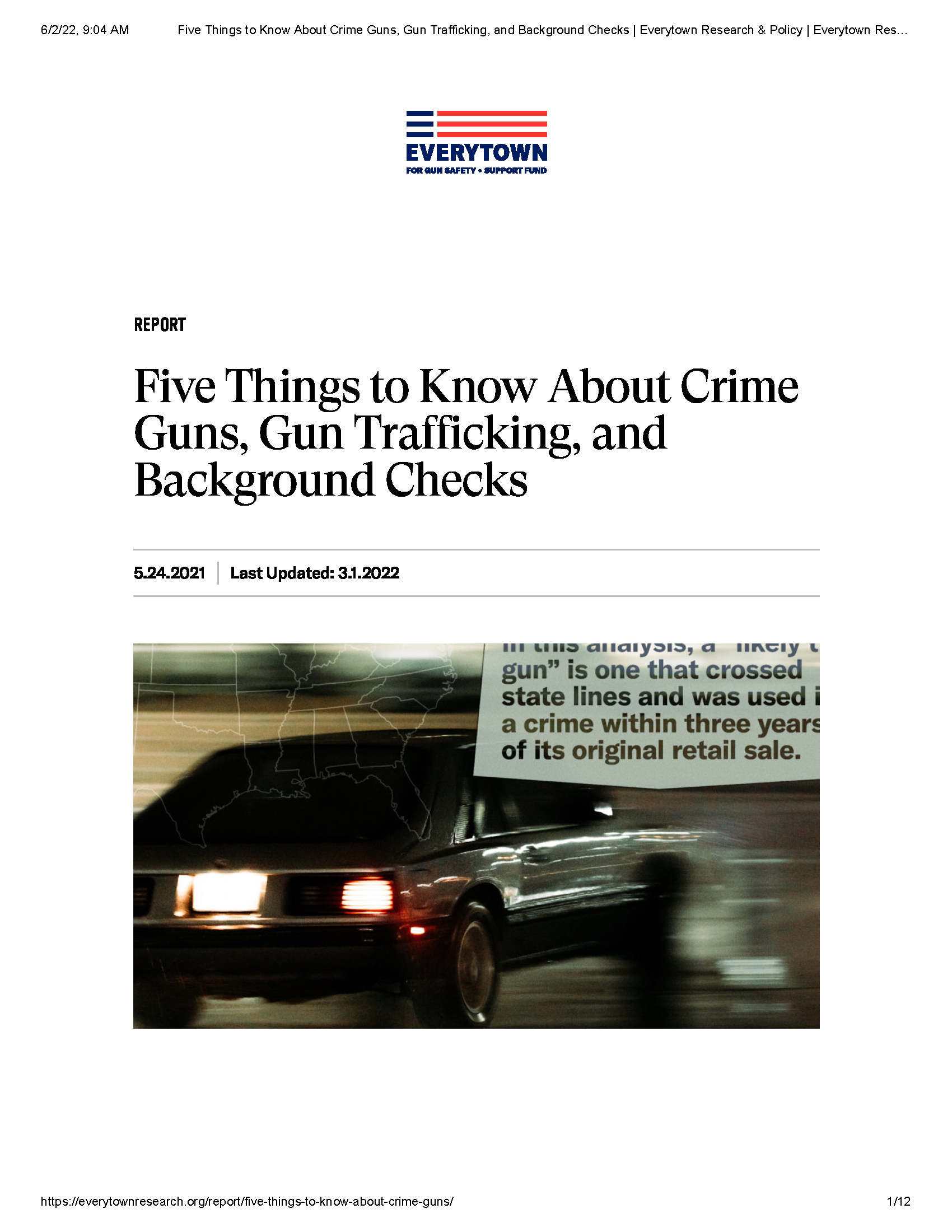 PDF Cover Page: Five Things to Know About Crime Guns, Gun Trafficking, and Background Checks
