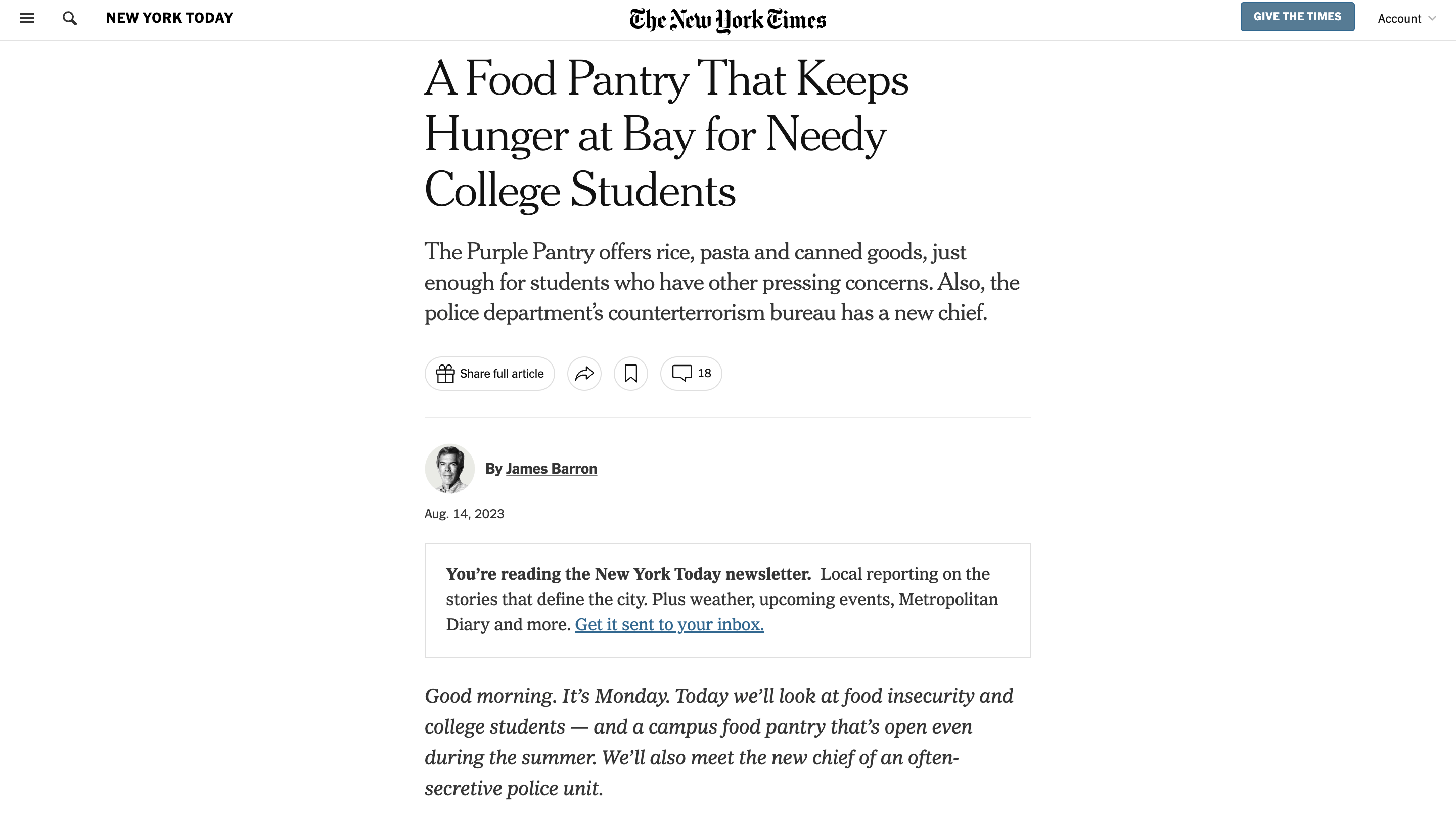 Screen capture of 'A Food Pantry That Keeps Hunger at Bay for Needy College Students' article