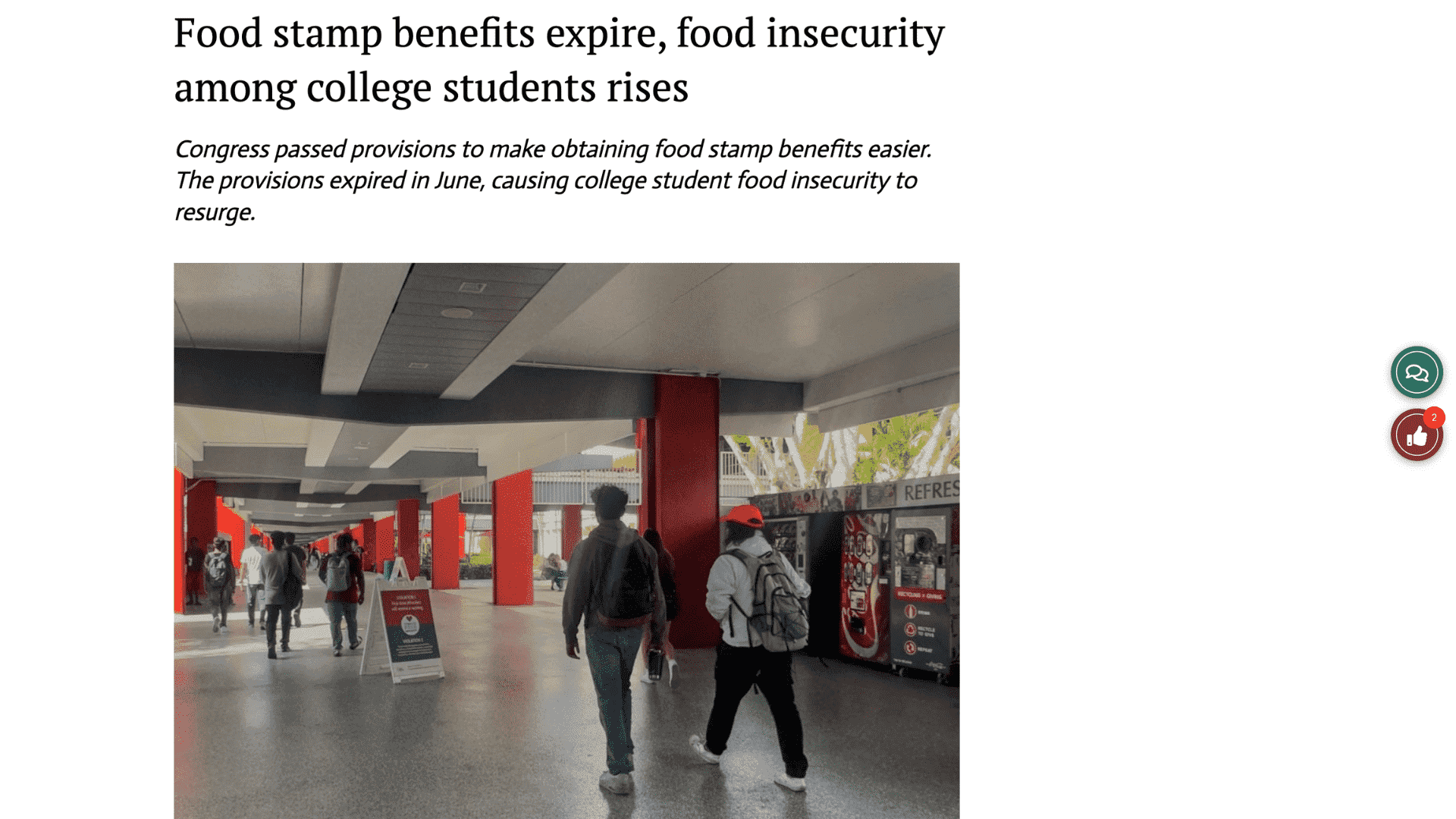 Screen capture of 'Food Stamp Benefits Expire, Food Insecurity Among College Students Rises' article