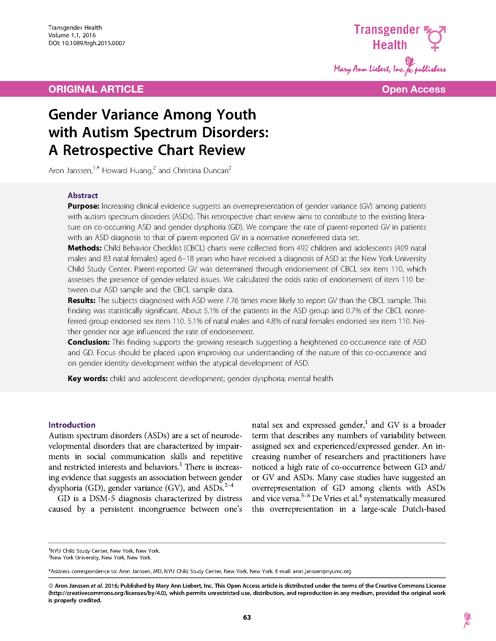 PDF Cover: Gender Variance Among Youth with Autism Spectrum Disorders: A Retrospective Chart Review