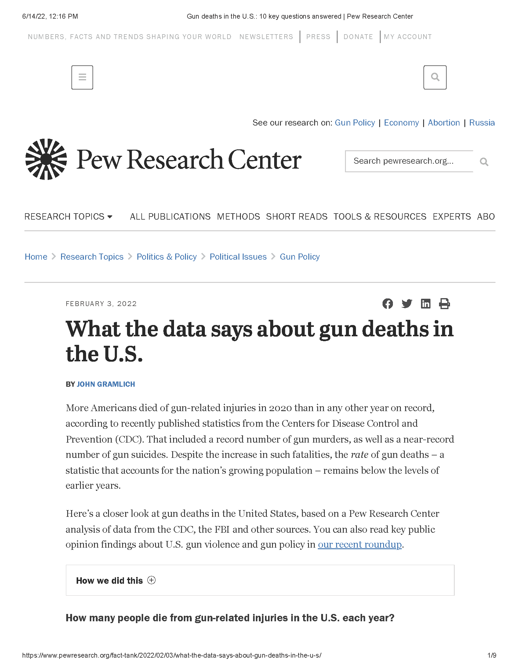 PDF Cover page: What the Data Says About Gun Deaths in the U.S.