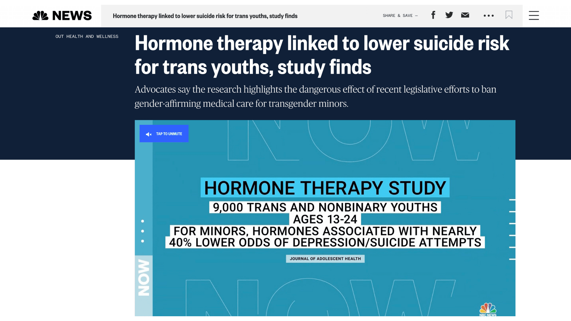 Screen capture of Hormone Therapy Linked to Lower Suicide Risk in Trans Youth, Study Finds