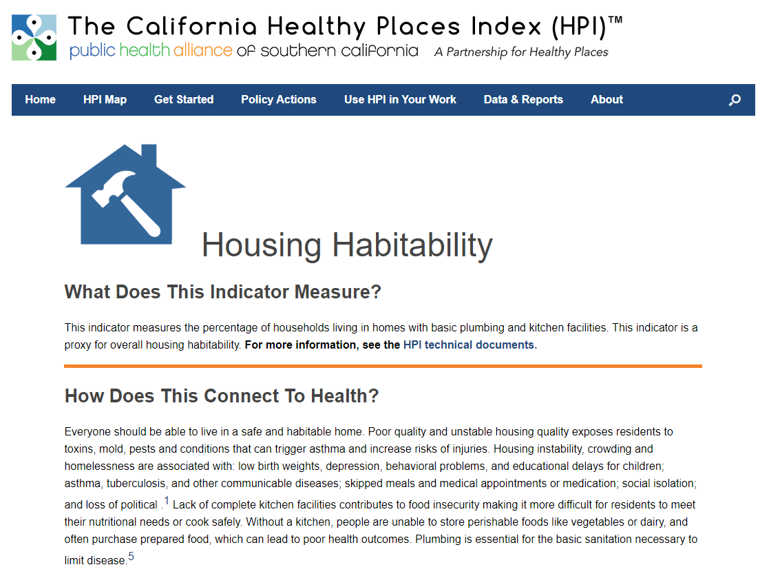 Webpage of Healthy Places Index Policy Guide - Housing Habitability