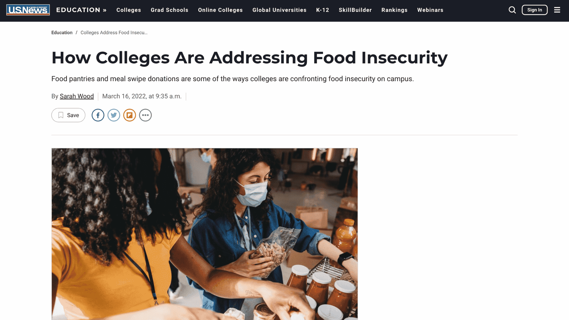 Screen capture of 'How Colleges Are Addressing Food Insecurity' article