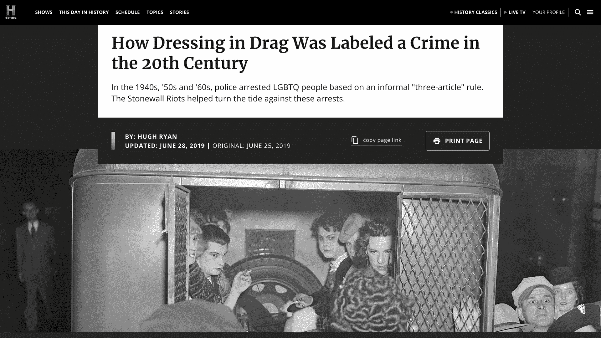 Screen capture of How Dressing in Drag Was Labeled a Crime in the 20th Century article