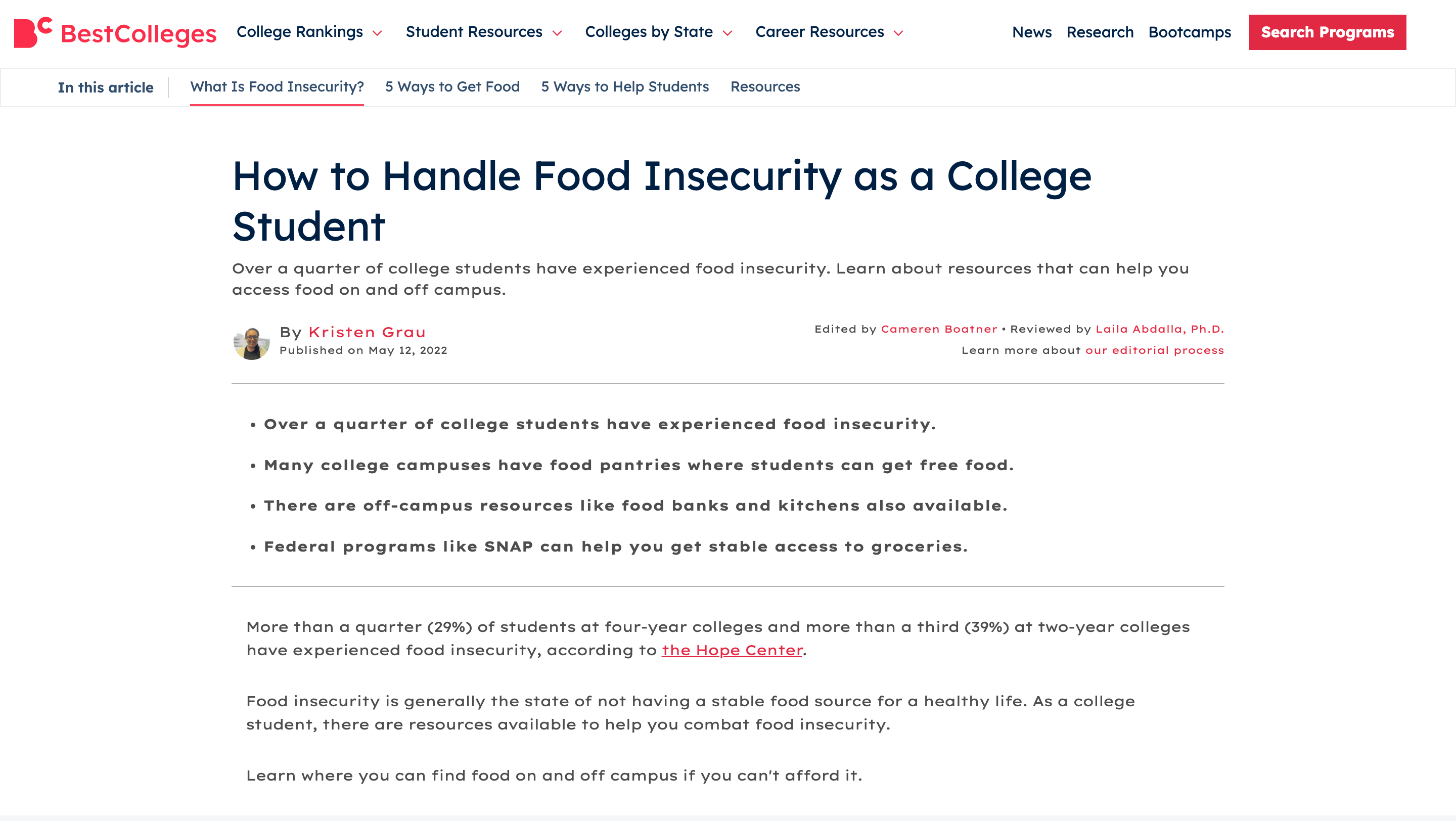 Screen capture of 'How to Handle Food Insecurity as a College Student' webpage