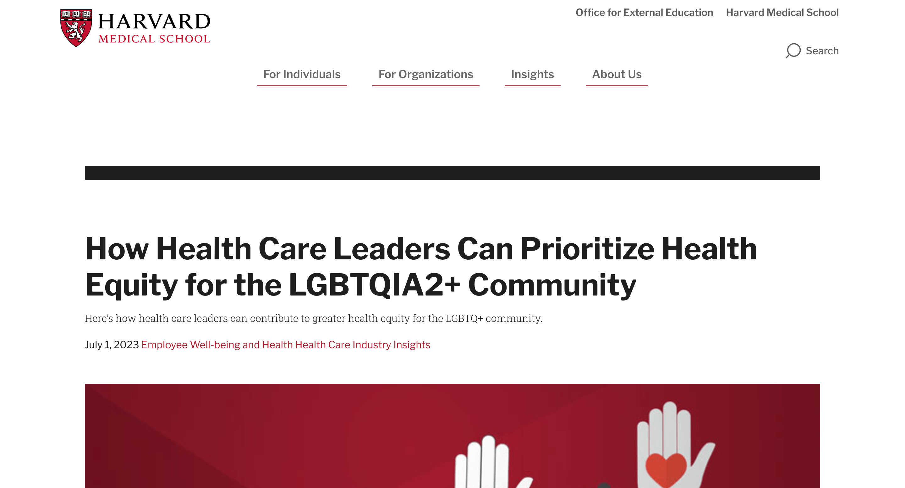 Screen capture of How Health Care Leaders Can Prioritize Health Equity for the LGBTQIA2+ Community blog post