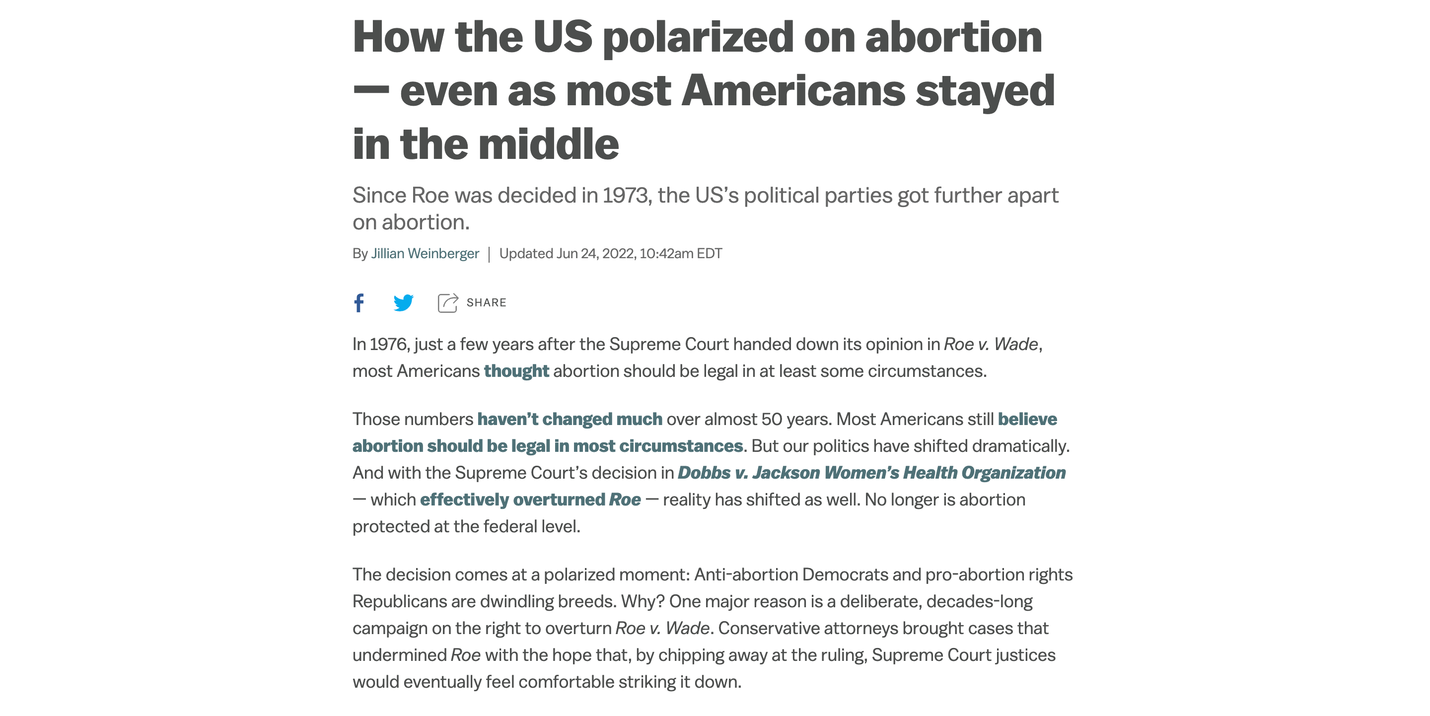 Screen shot of article cover photo: How the US polarized on abortion — even as most Americans stayed in the middle