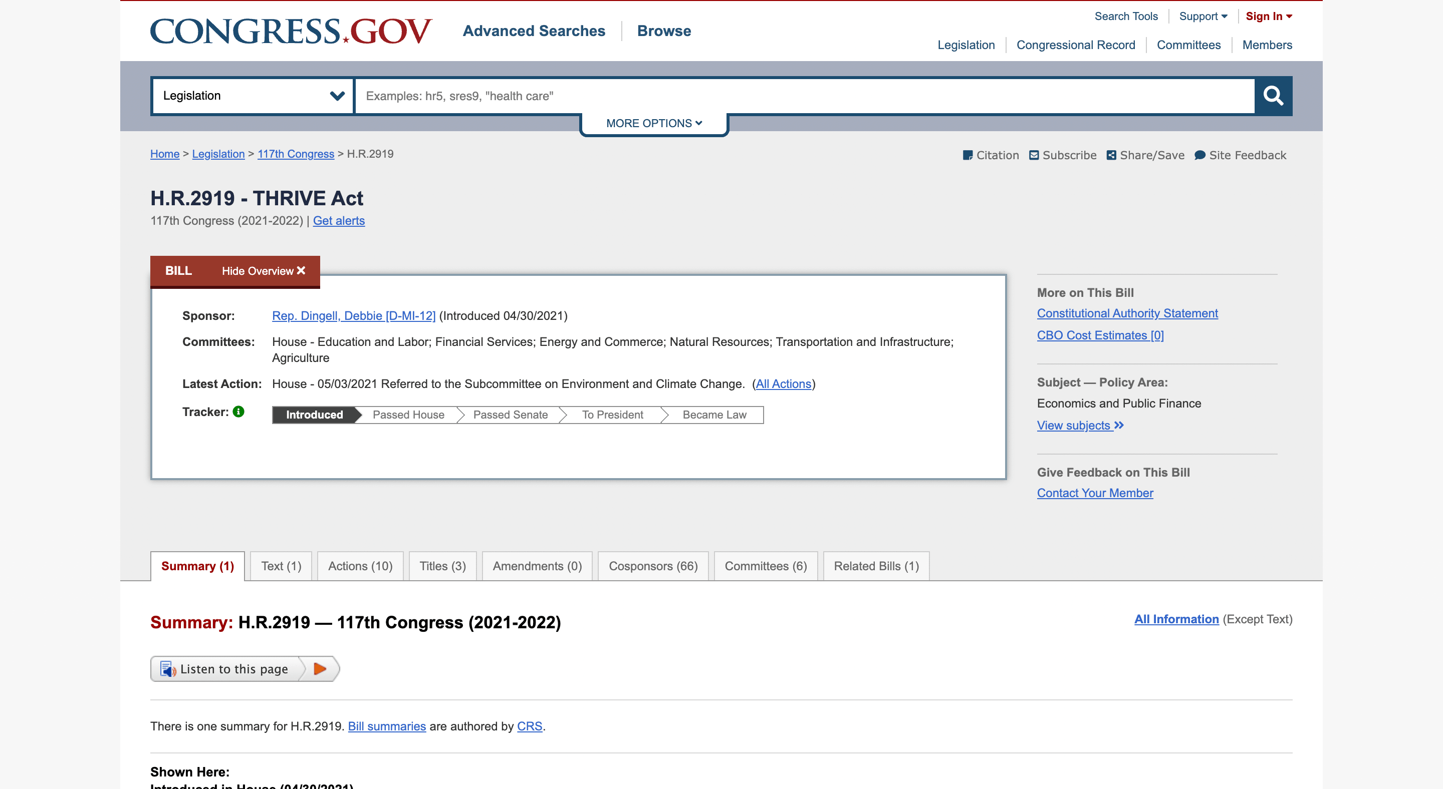 Screen capture of H.R. 2919 - THRIVE Act