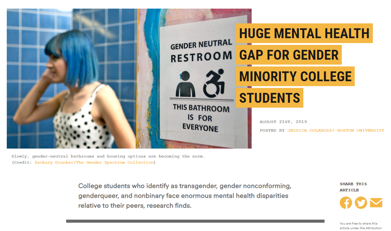 Screenshot of webpage: Huge Mental Health Gap for Gender-Minority College Students