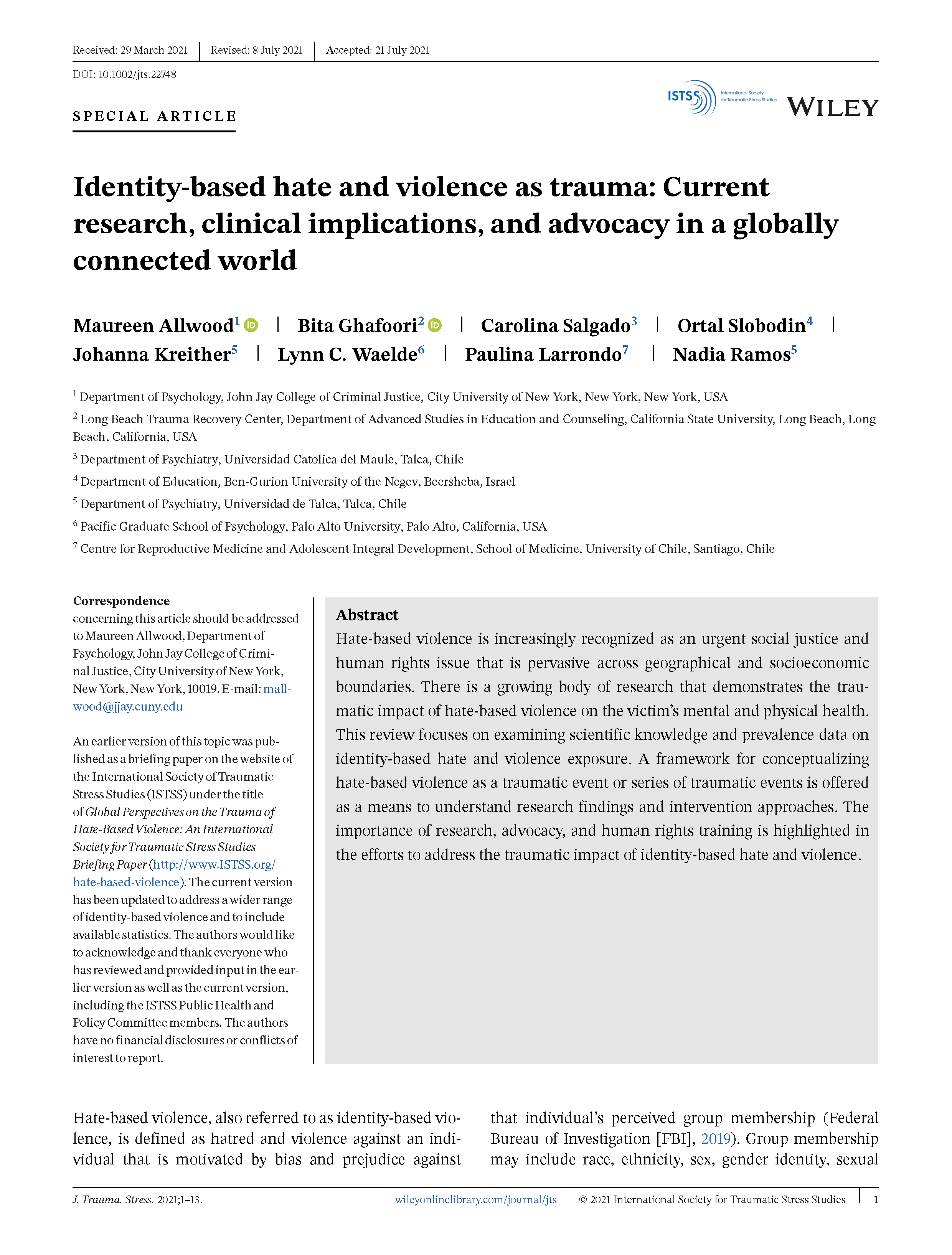 PDF Cover: Identity-Based Hate and Violence as Trauma: Current Research, Clinical Implications, and Advocacy in a Globally Connected World