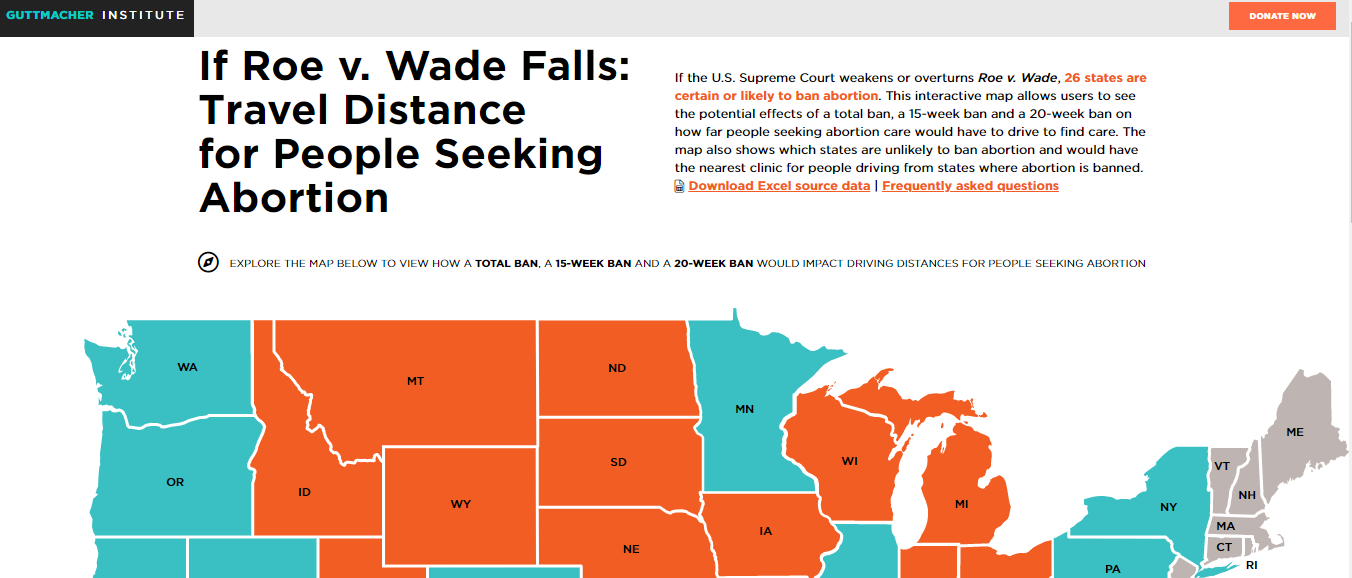 Screen shot of top of map: If Roe v. Wade Falls: Travel Distance for People Seeking Abortion