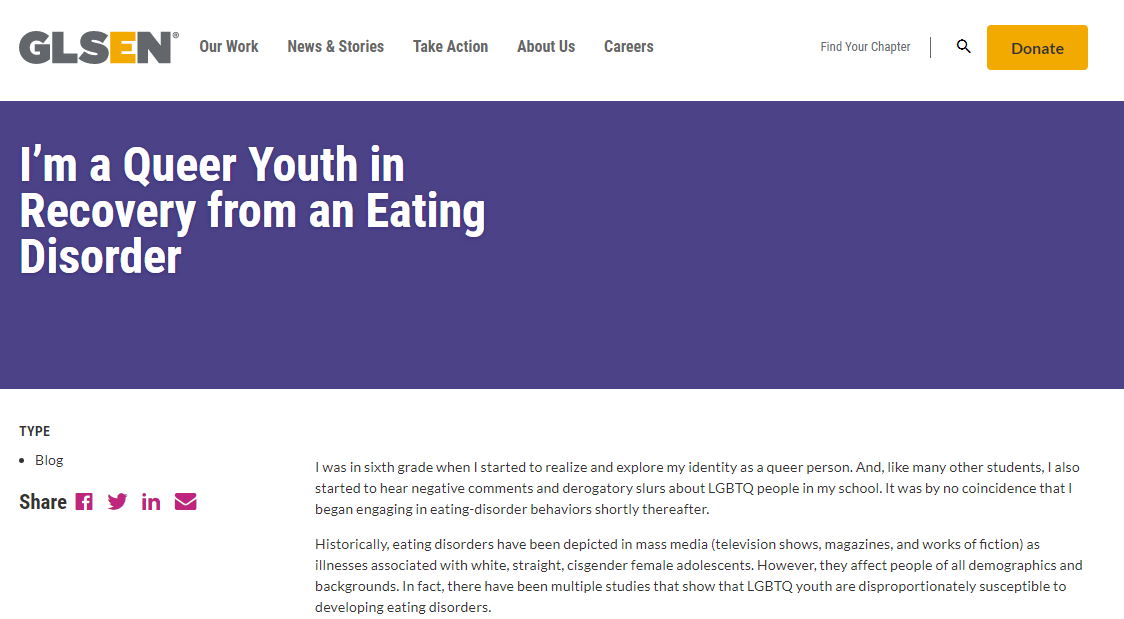 Screen capture of top of blog post: I'm a Queer Youth in Recovery from an Eating Disorder