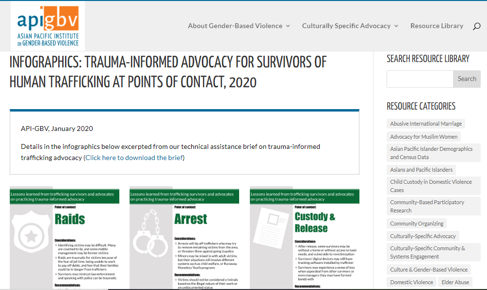Screen capture of top of infographics page: Infographics: Trauma-Informed Advocacy for Survivors of Human Trafficking at Points of Contact, 2020