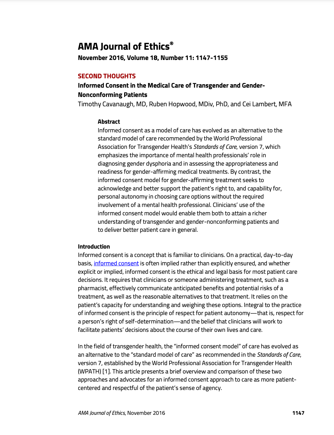 First page of Informed Consent in the Medical Care of Transgender and Gender Nonconforming Patients