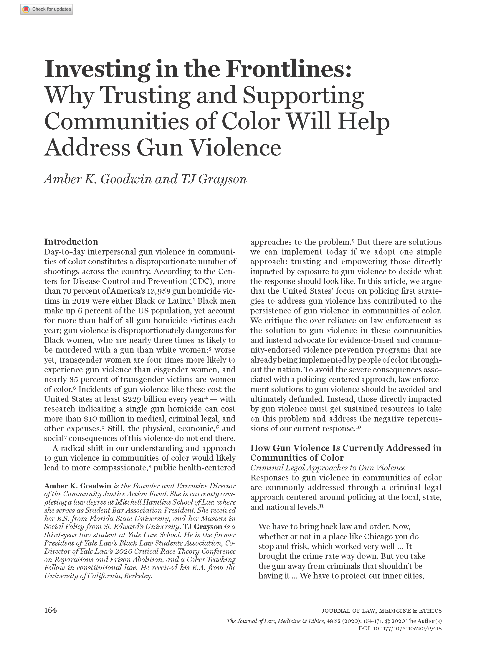 PDF Cover page: Investing in the Frontlines: Why Trusting and Supporting Communities of Color Will Help Address Gun Violence