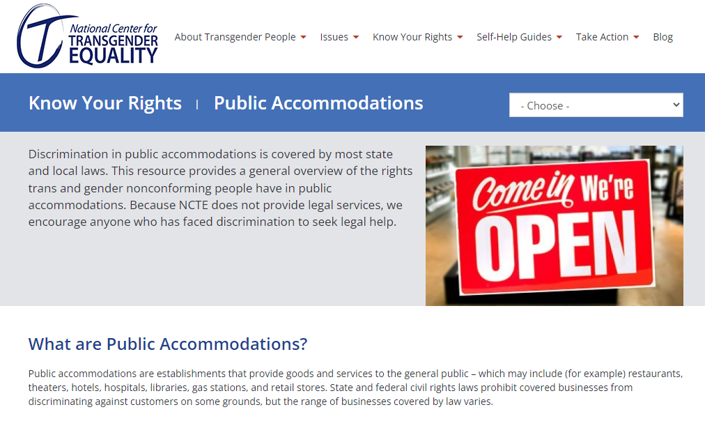 Screenshot of webpage: Transgender Public Accommodations and Rights on National Center for Transgender Equality website