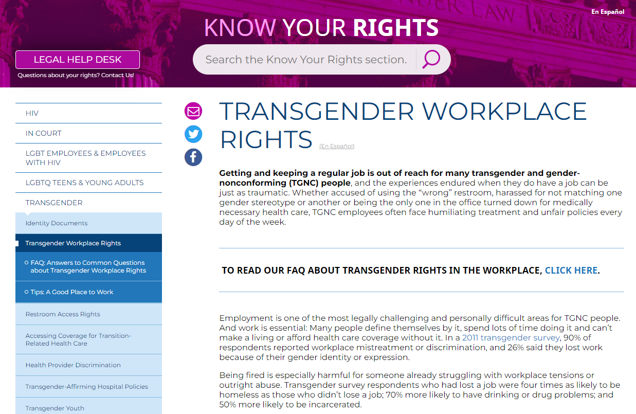 Screenshot of webpage: Transgender Workplace Rights on Lambda Legal website
