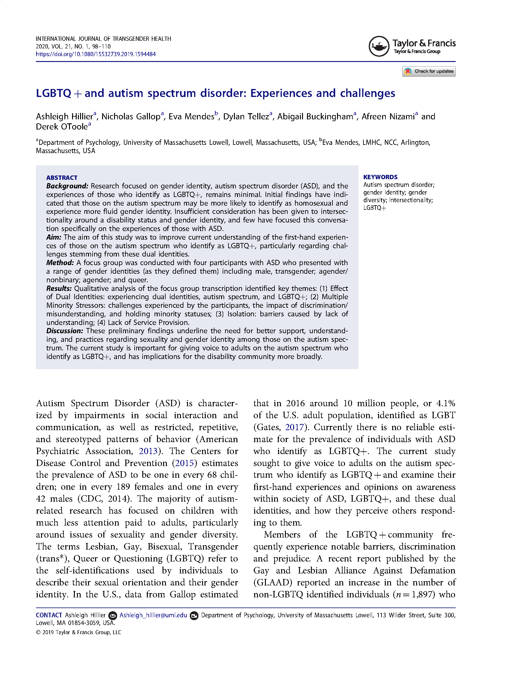 PDF Cover Page: LGBTQ+ and Autism Spectrum Disorder: Experiences and Challenges