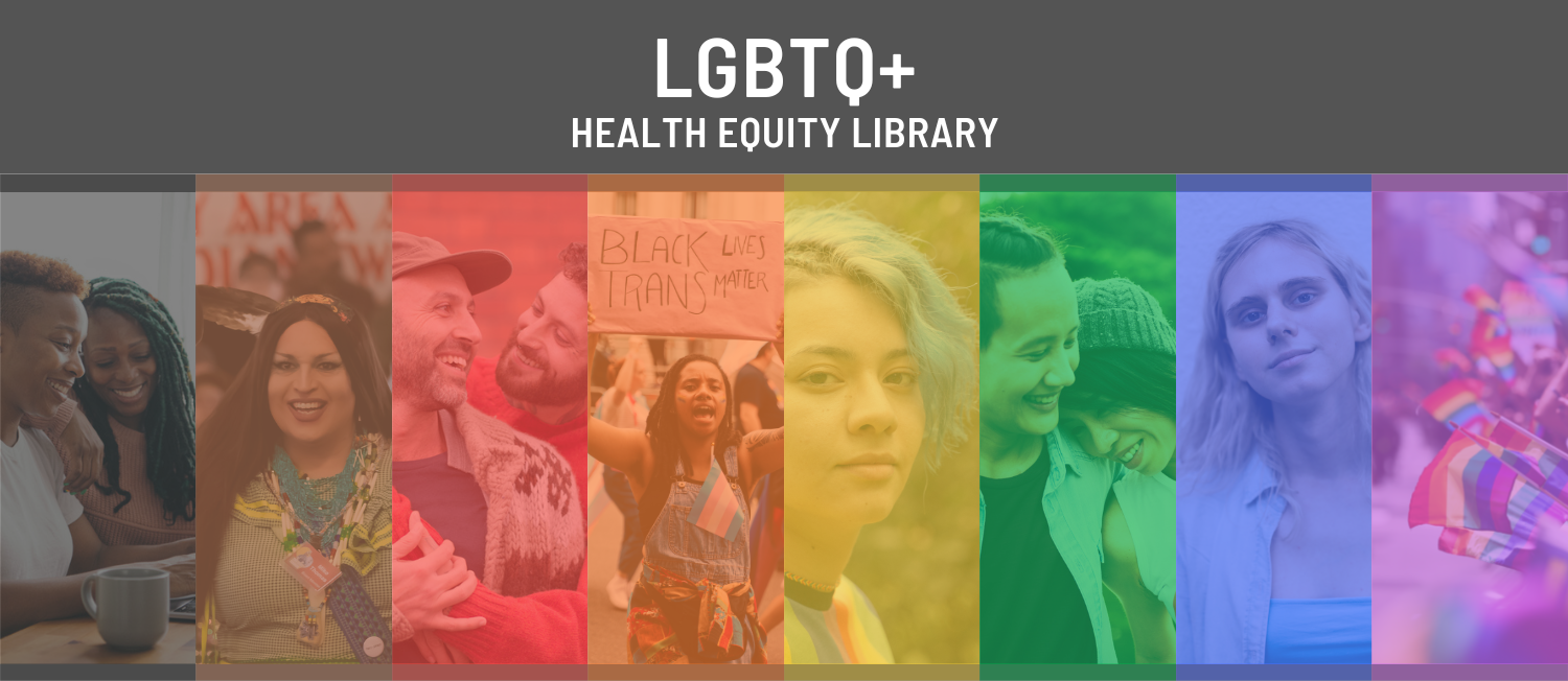 Collage of images of LGBTQ+ people with transparent overlays in progress pride flag colors. At the top, bold white text on a charcoal background reads 