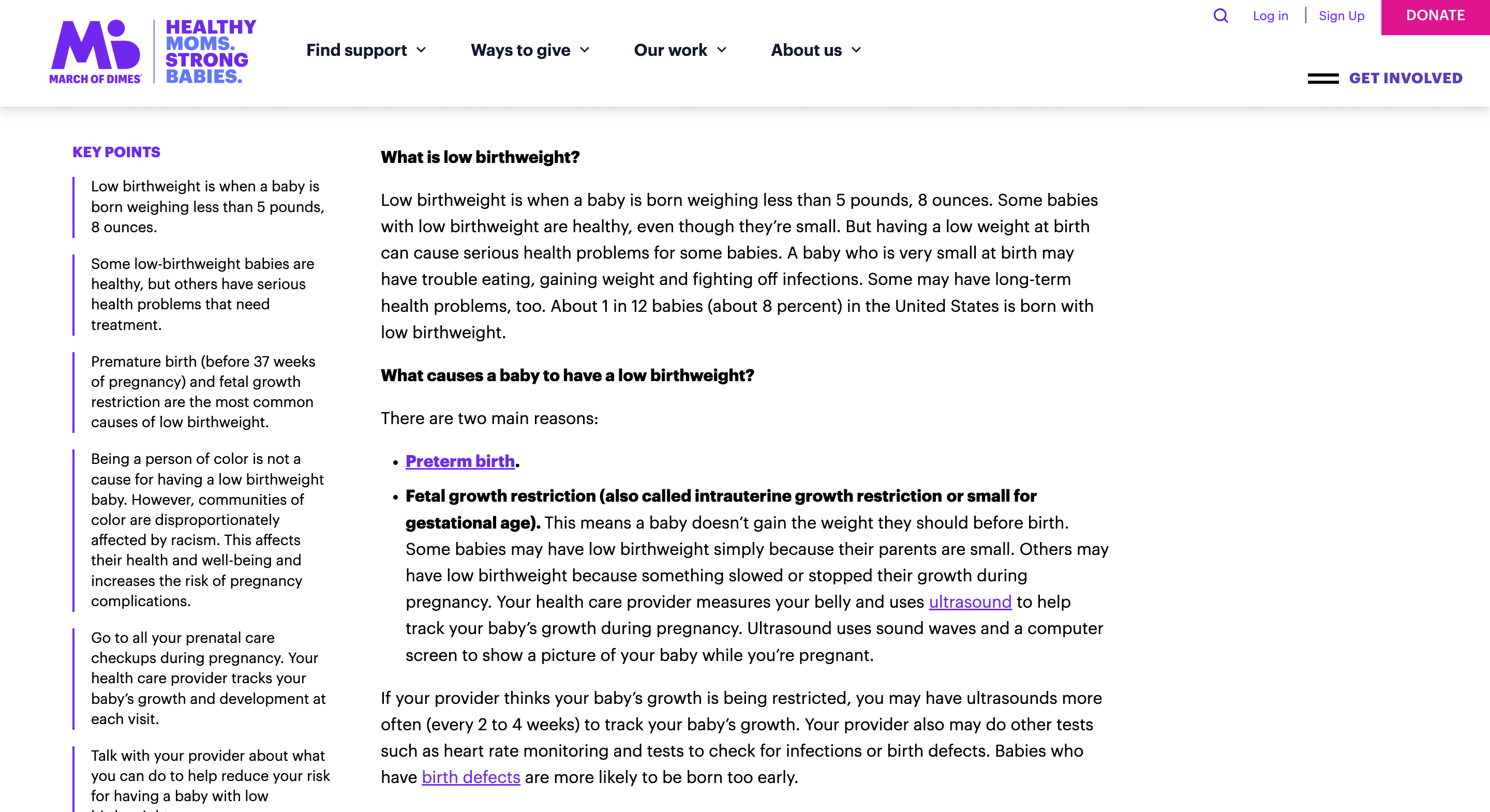 Screen capture of Low Birthweight webpage
