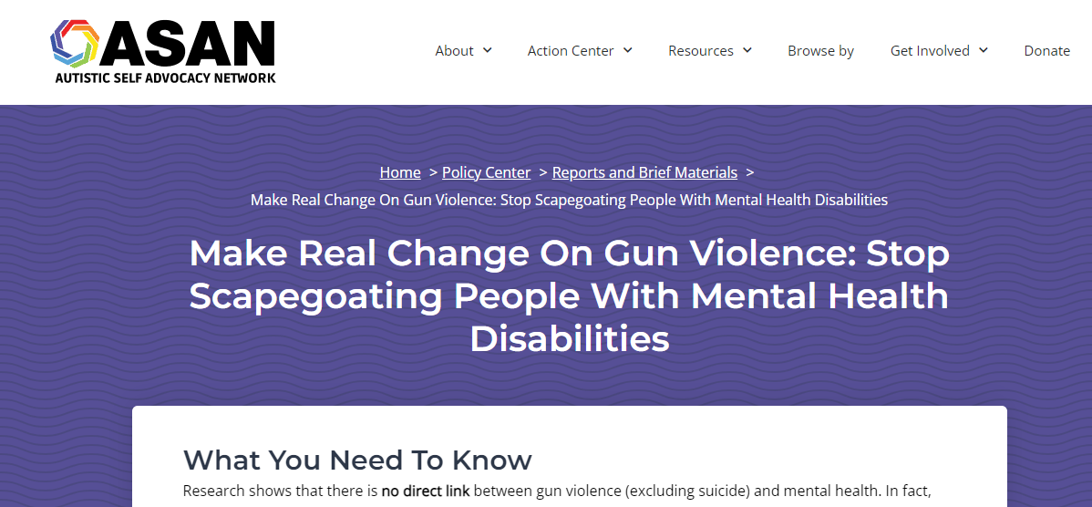 Screen shot of top of report: Make Real Change On Gun Violence: Stop Scapegoating People With Mental Health Disabilities