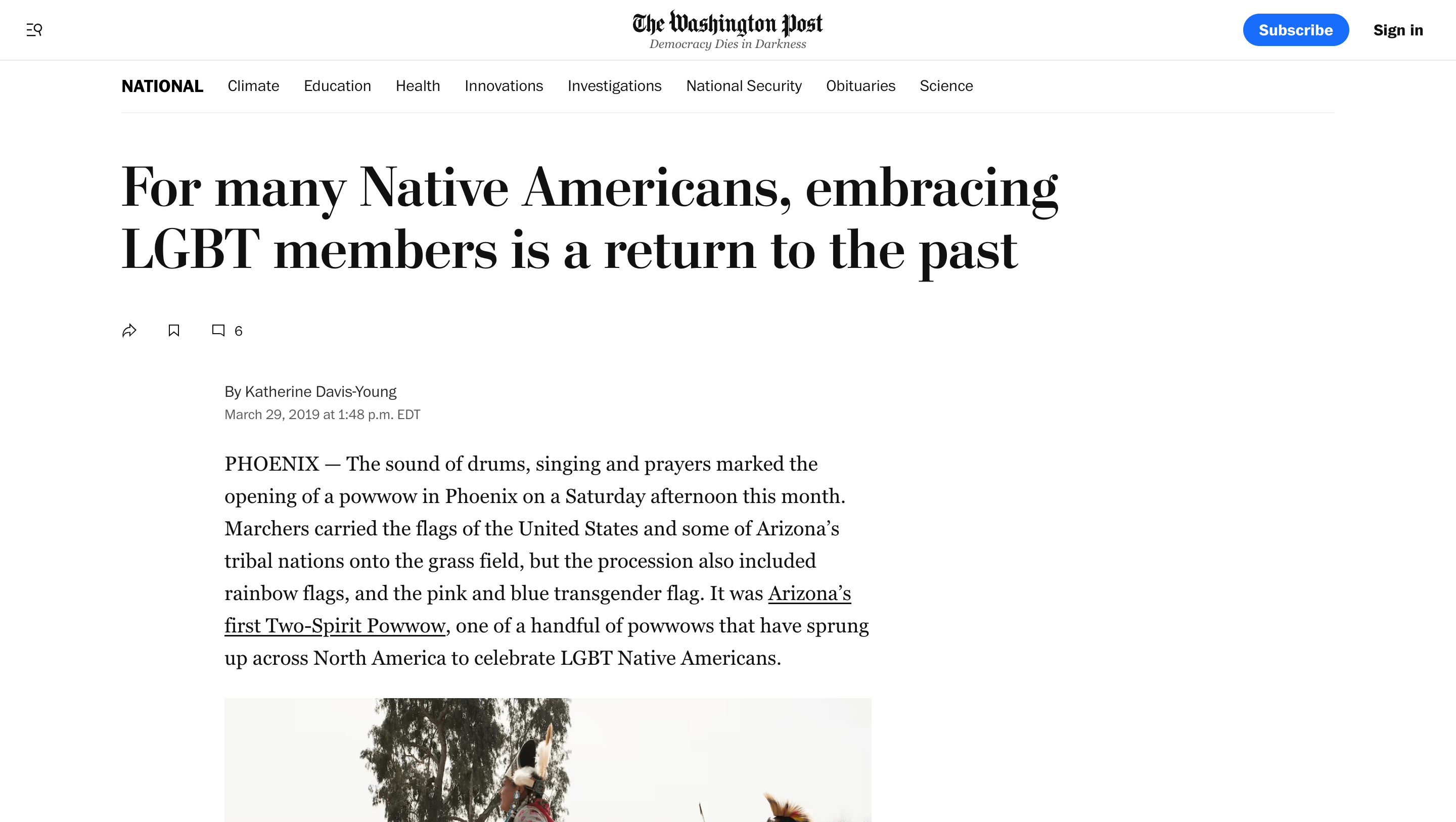 Screen capture of For Many Native Americans, Embracing LGBT Members Is a Return to the Past article