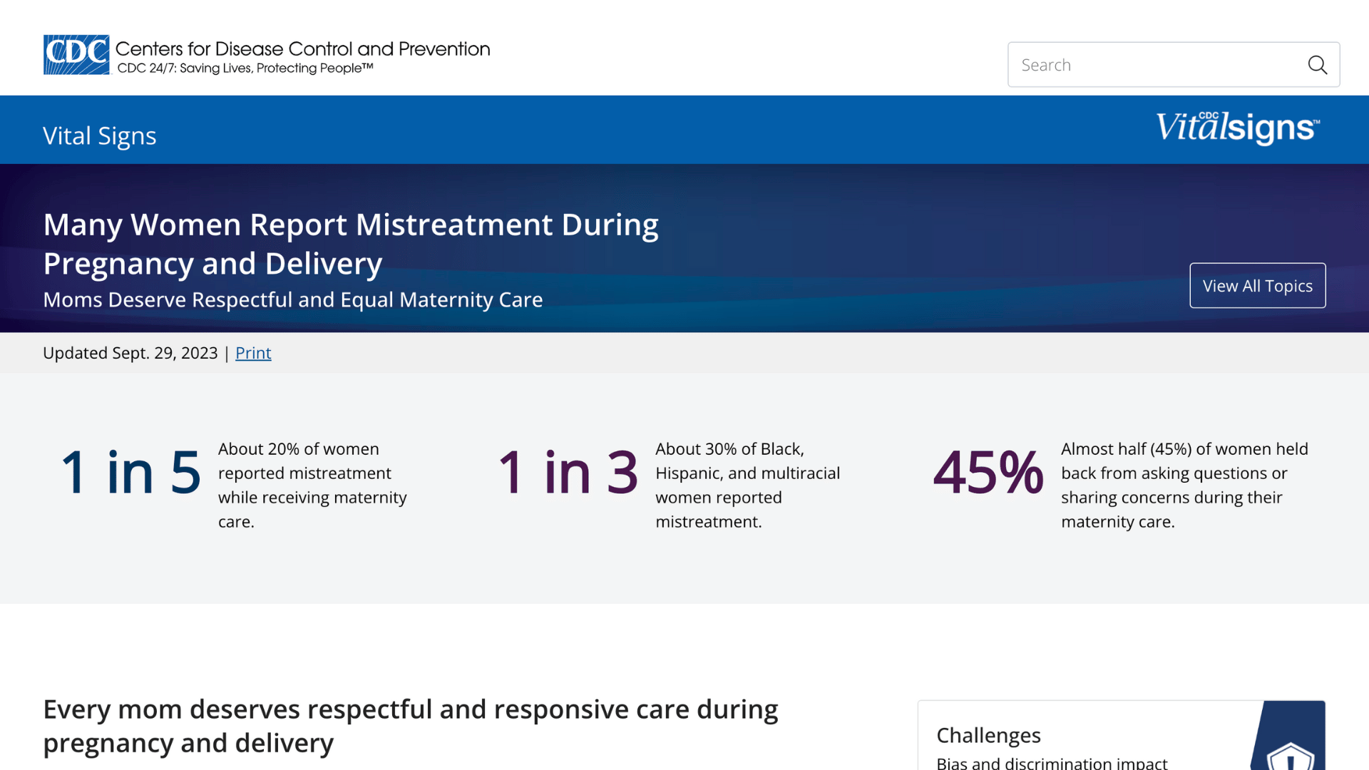 Screen capture of Many Women Report Mistreatment During Pregnancy and Delivery webpage