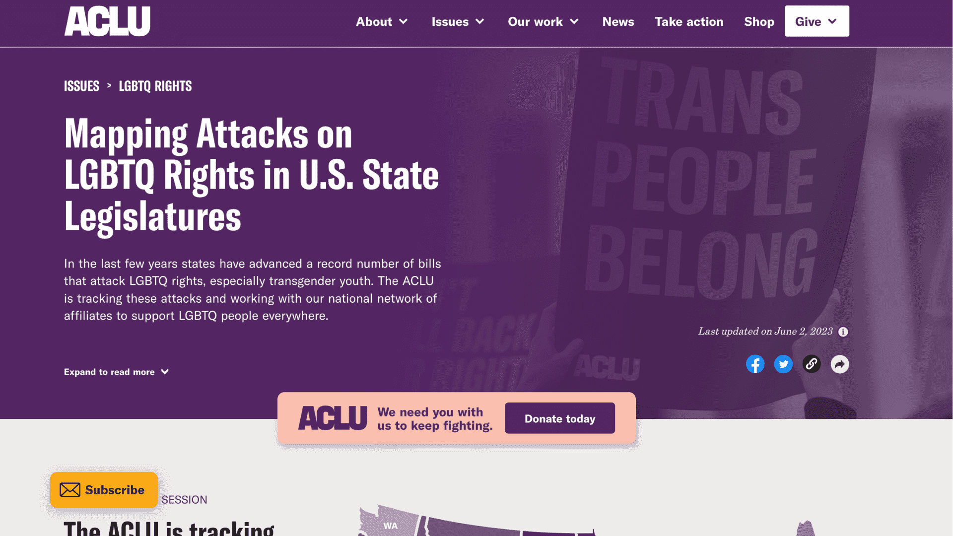 Screen capture of Mapping Attacks on LGBTQ Rights in U.S.State Legislature