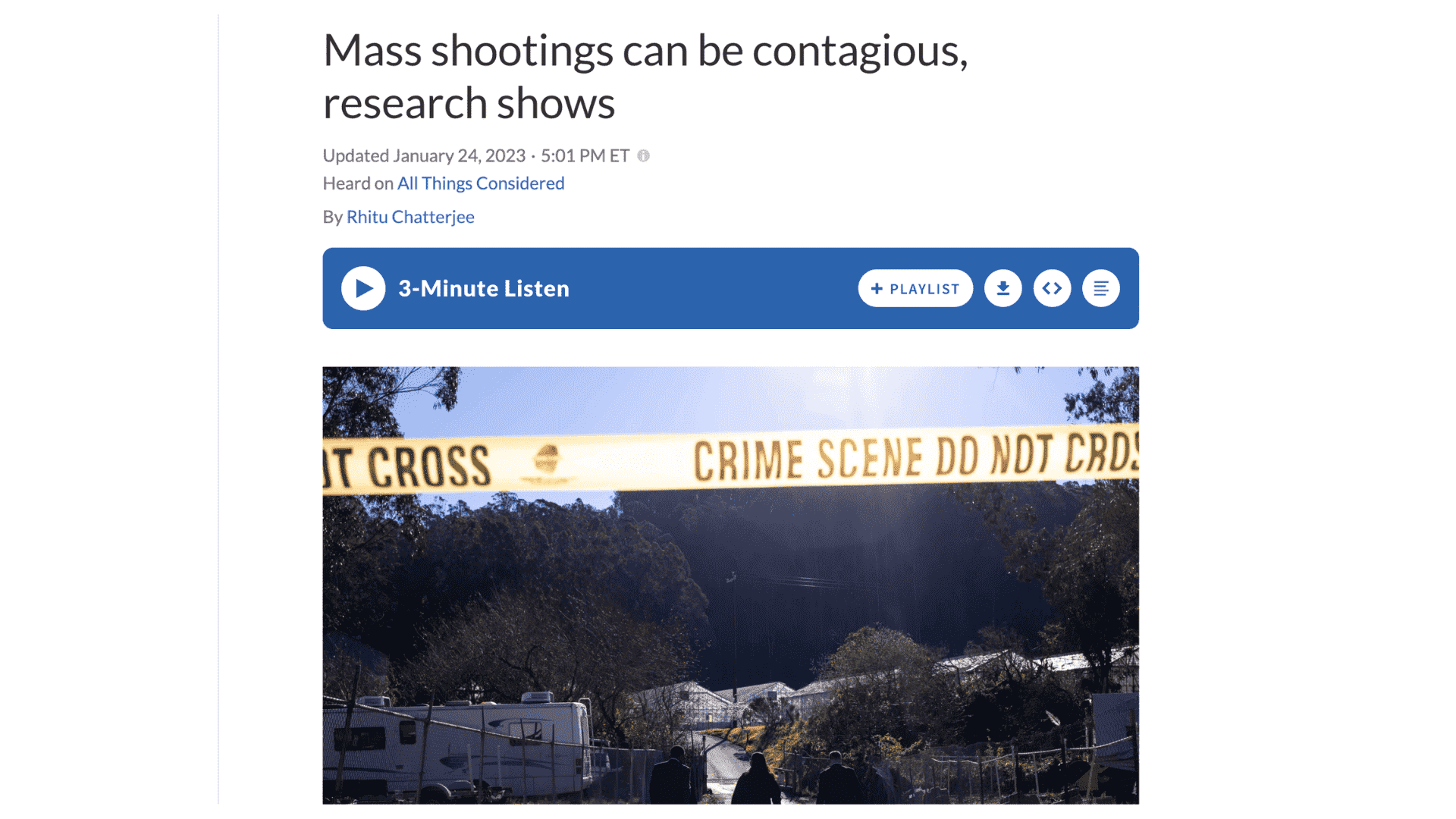 Screen shot of top of article: Mass Shootings Can Be Contagious, Research Shows