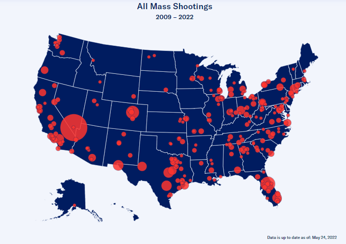Screen shot of article map: Mass Shootings in America
