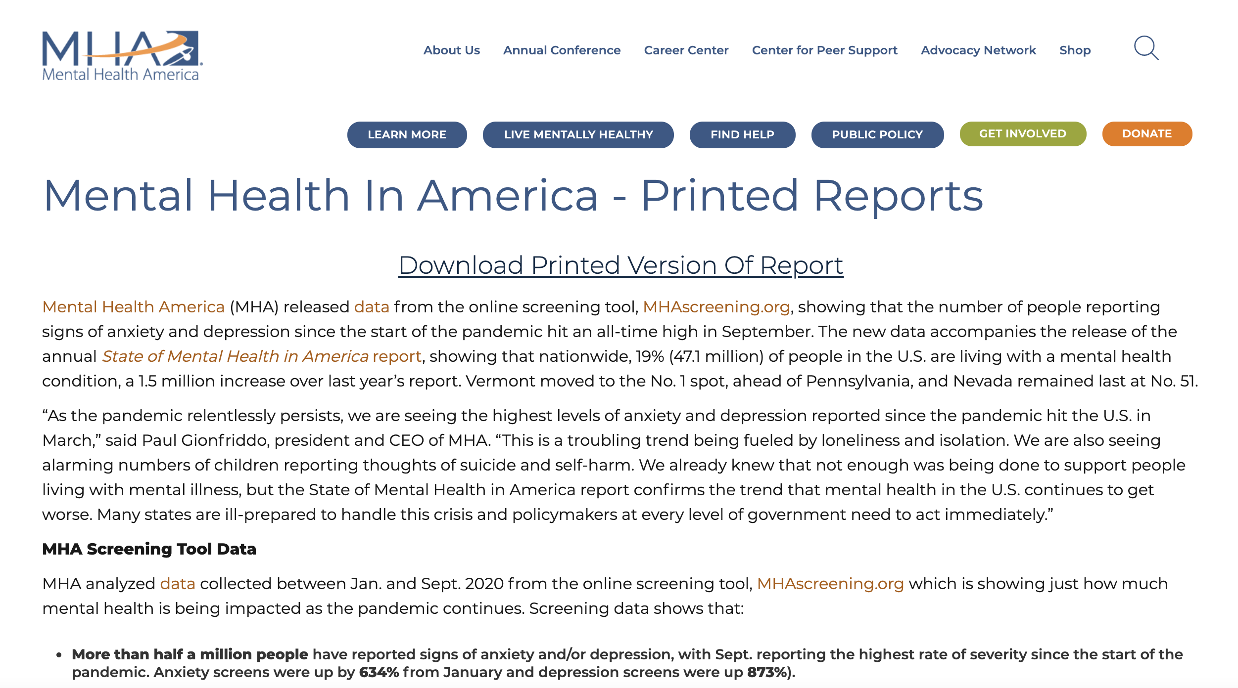 Screen grab of Mental Health in America