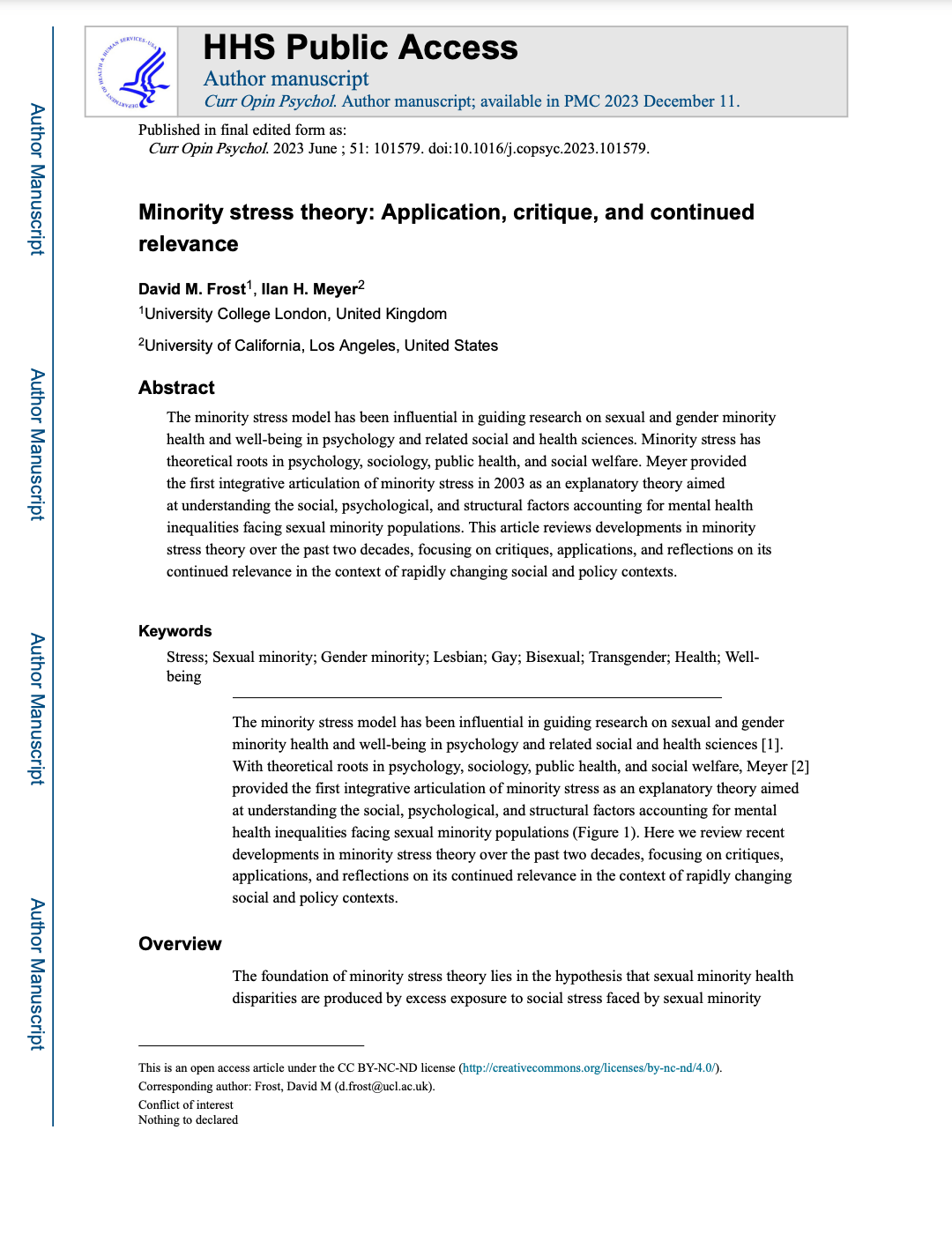 First page of Minority Stress Theory: Application, Critique, and Continued Relevance article